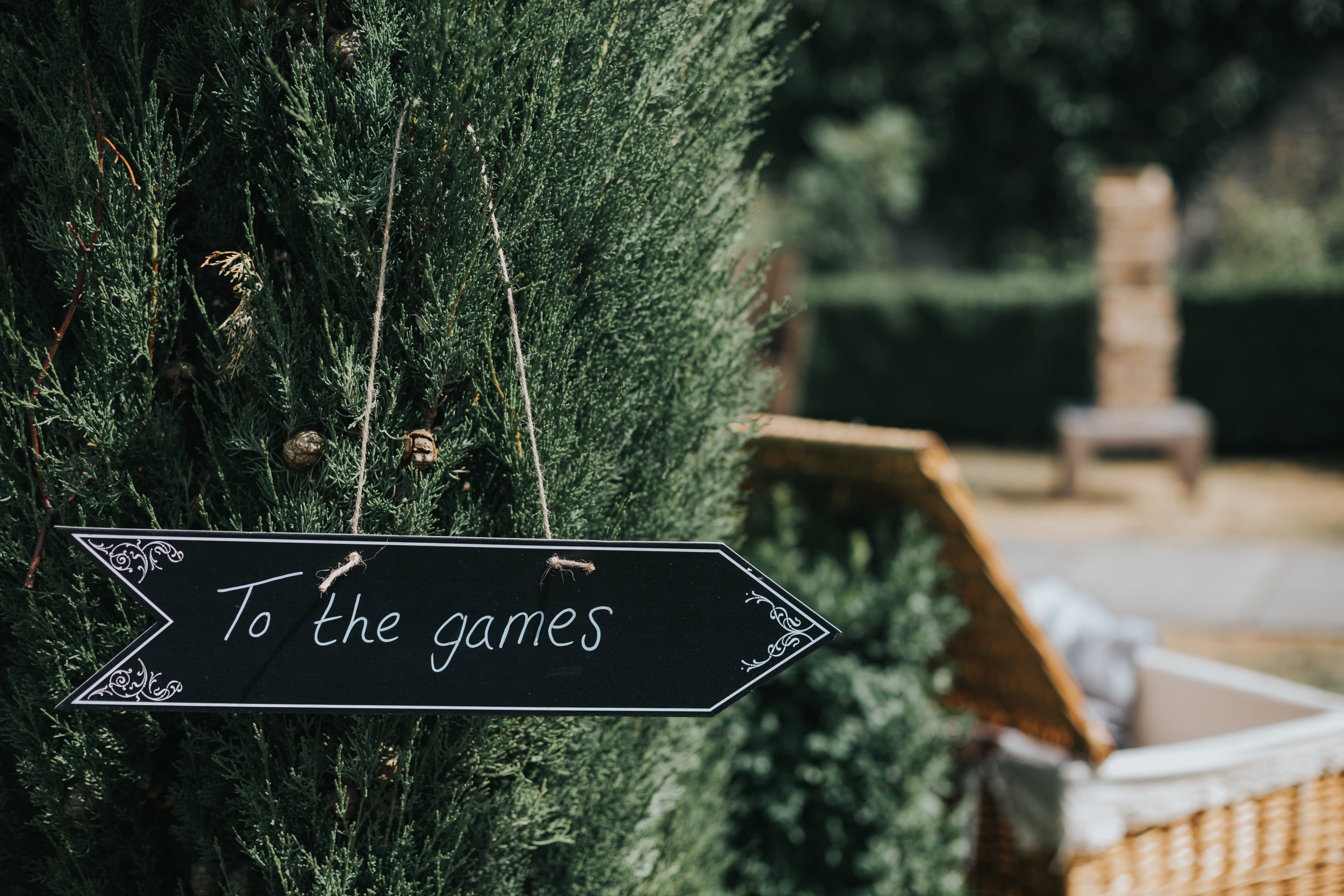 To The Games chalk board sign hanging of a tree at an outdoor wedding. 