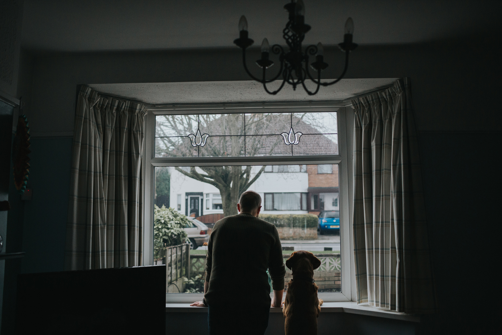 Dad and the family dog look out of the living room window together. 