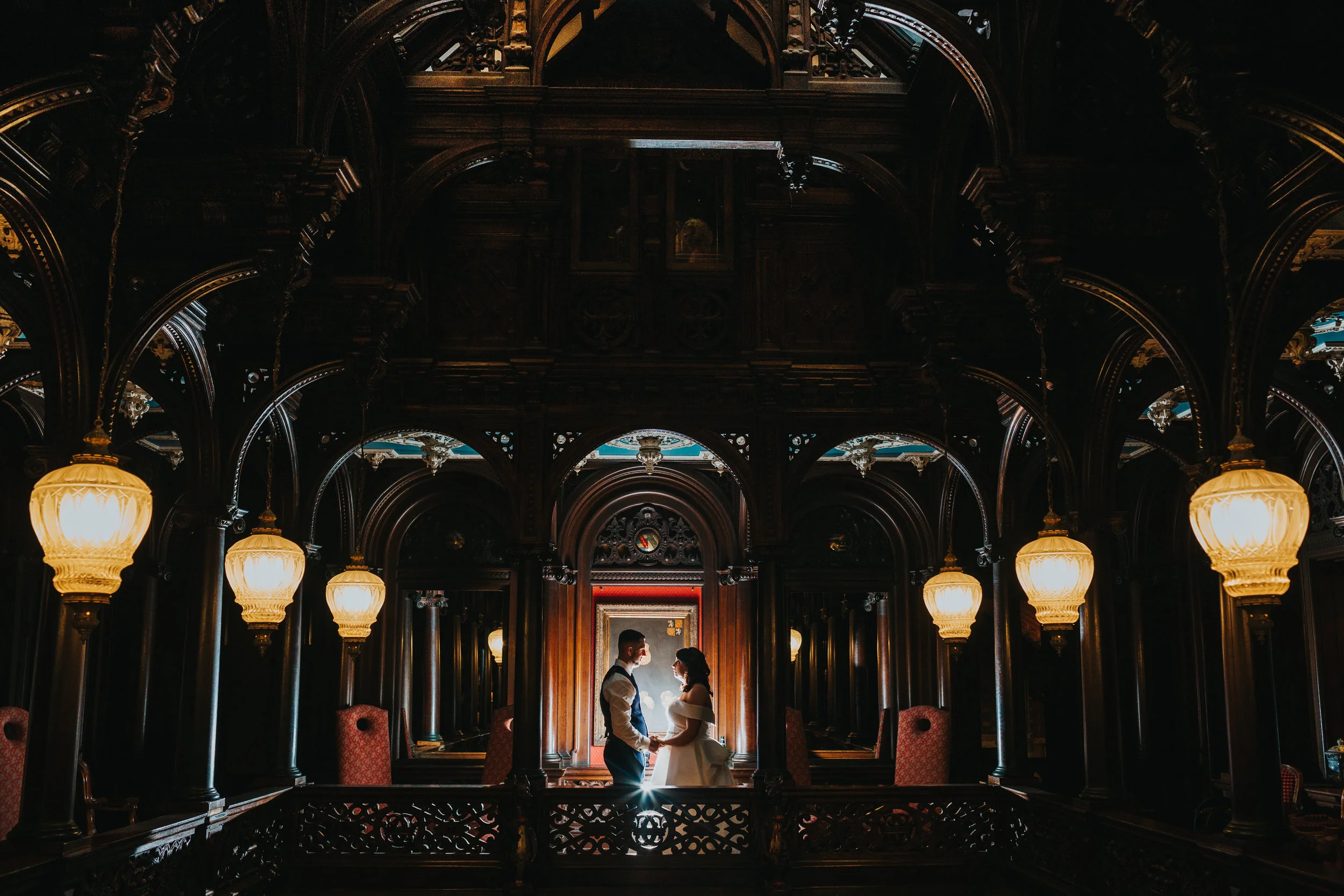 Couple inside Crewe Hall on their Wedding Day