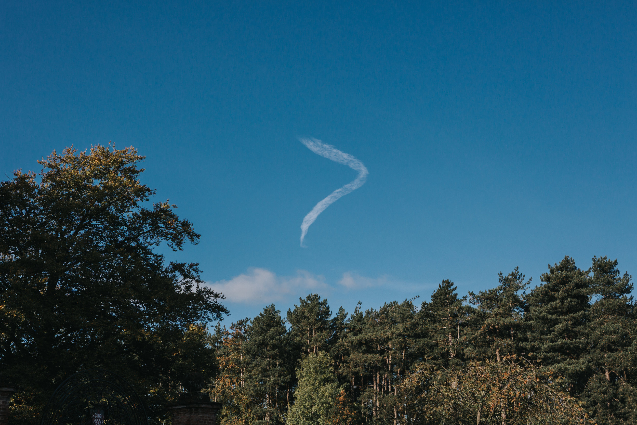 Blue skies and a swirly plane trail in the sky, views from Inglewood Manor. 