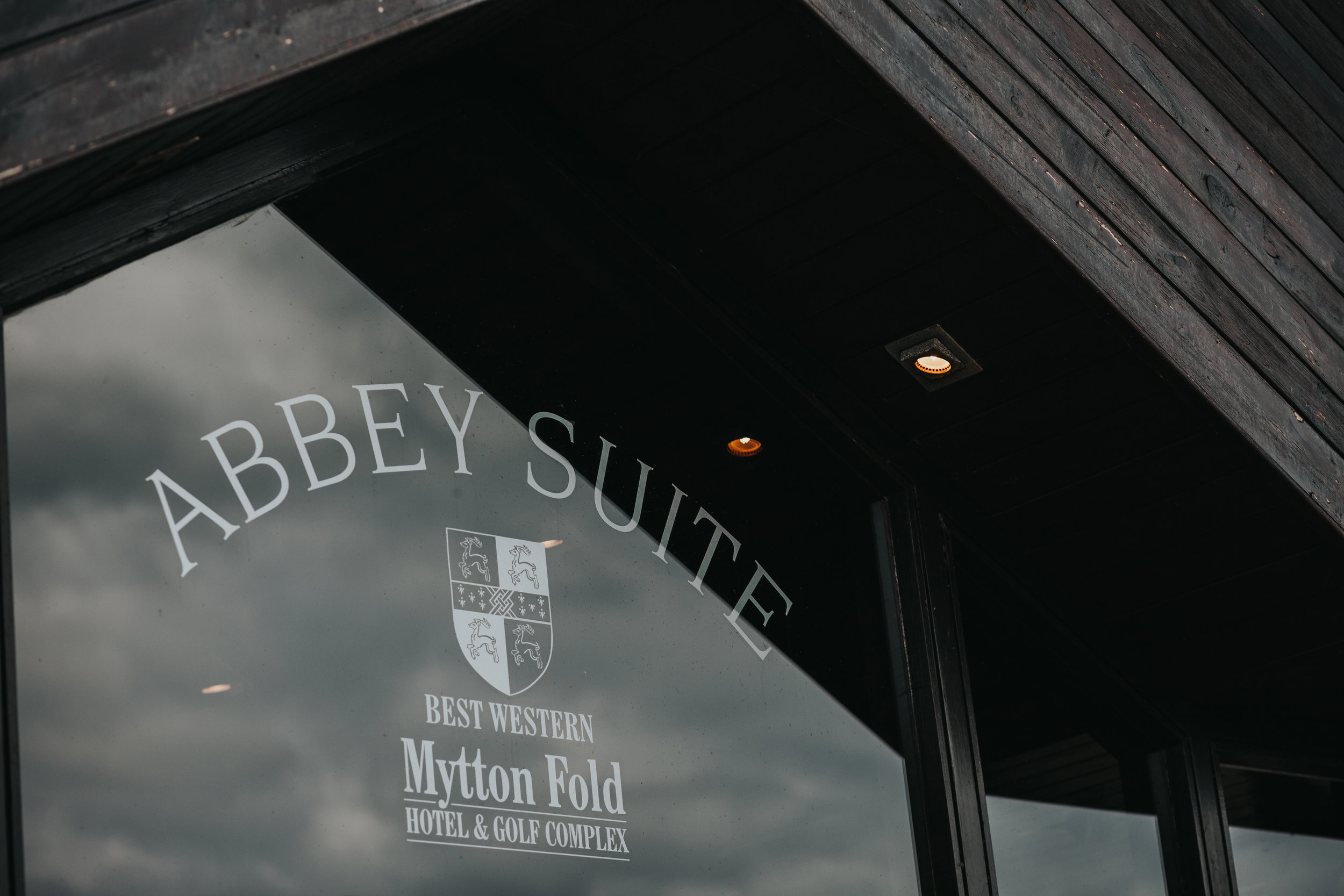 Abbey Suite Mytton Fold etched on a glass window. 