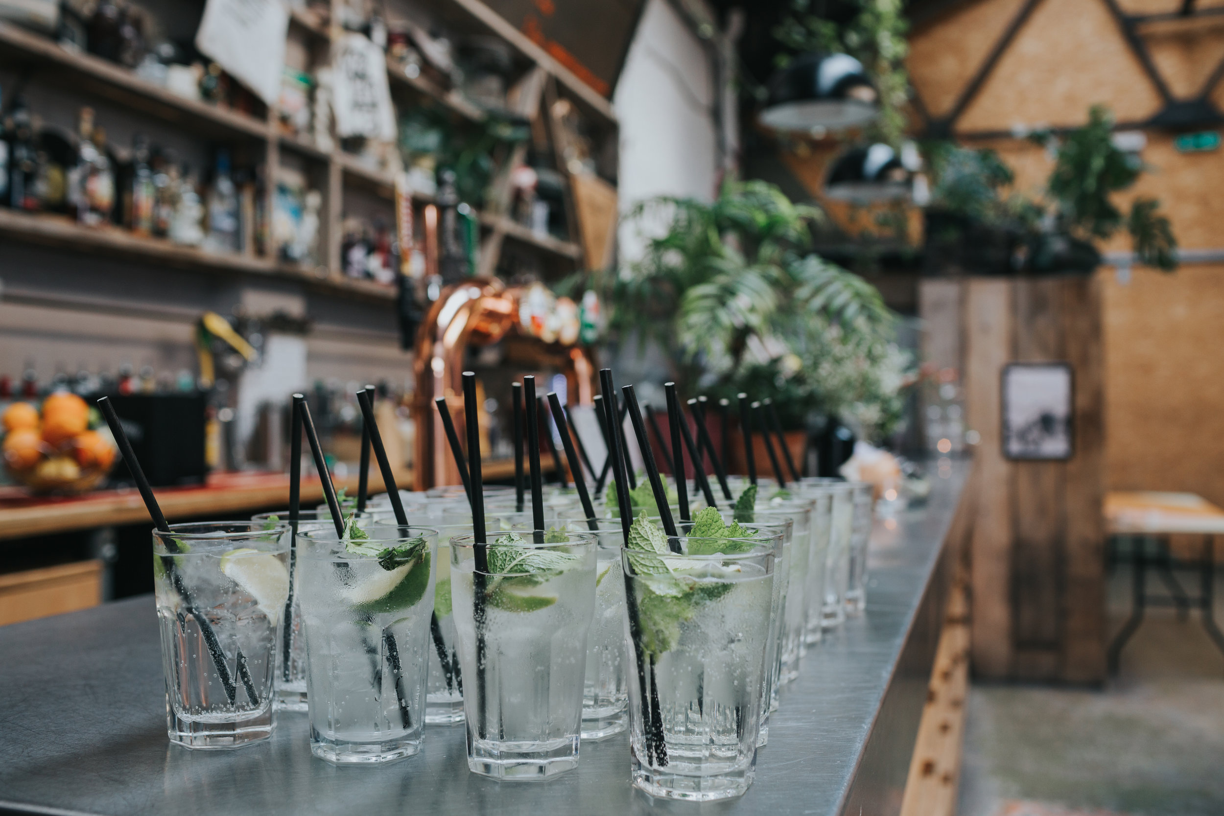 Mojitos await wedding guests on the bar at Constellations Liverpool. 