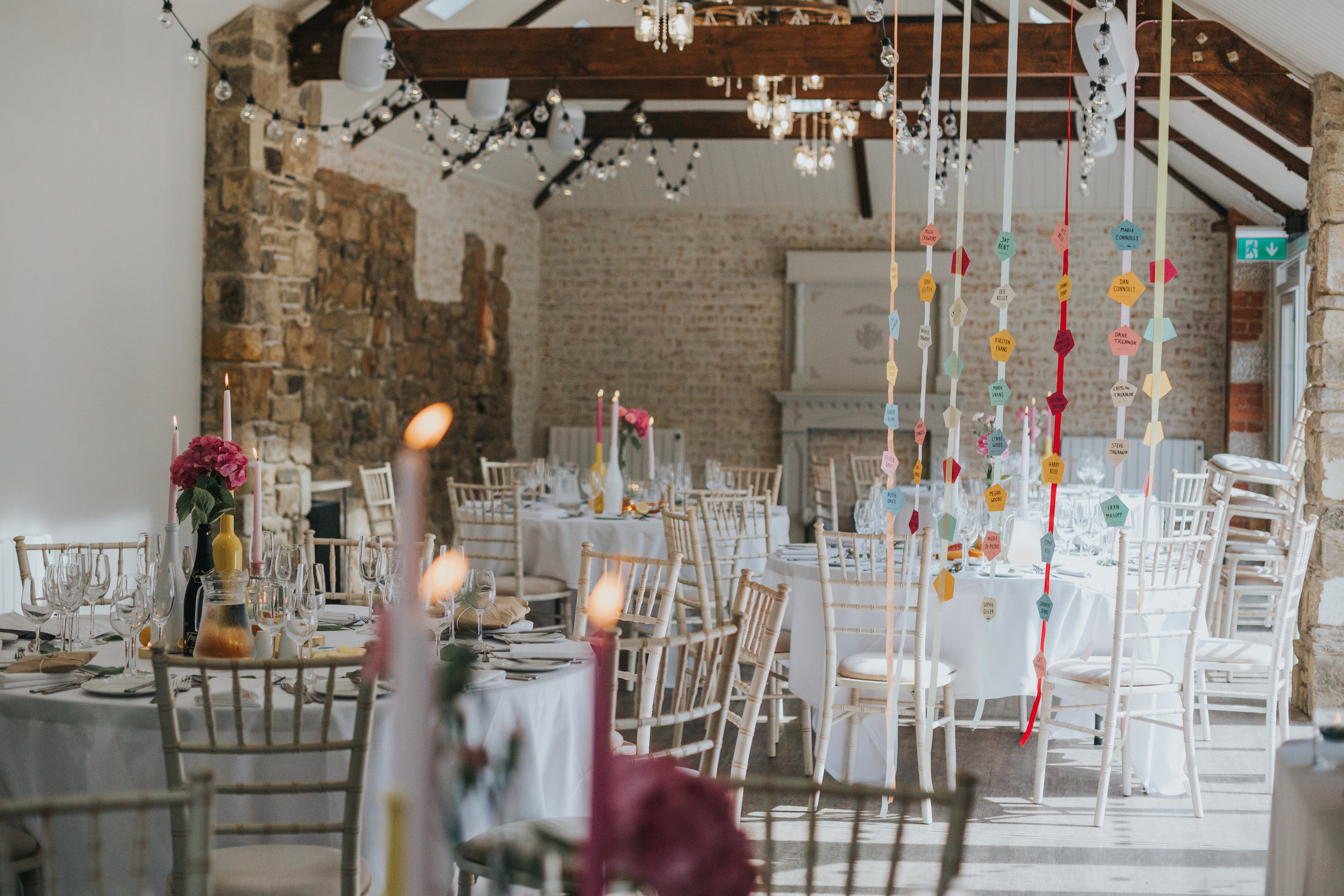 Summer wedding colour pallet of yellow, orange, pink, red and blue dining room ready for the Wedding Breakfast.