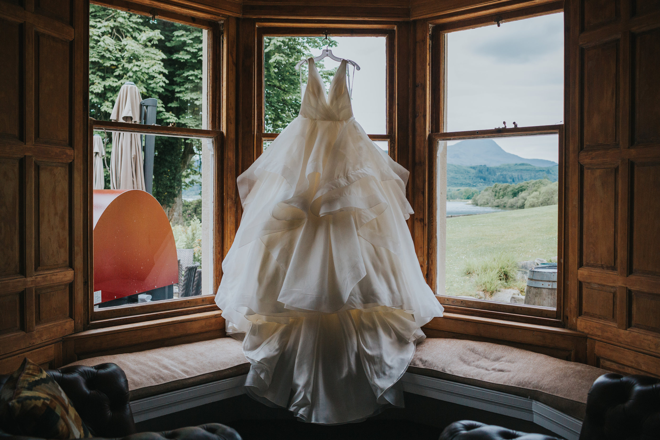 Dress hanging in window at Altskeith Country House