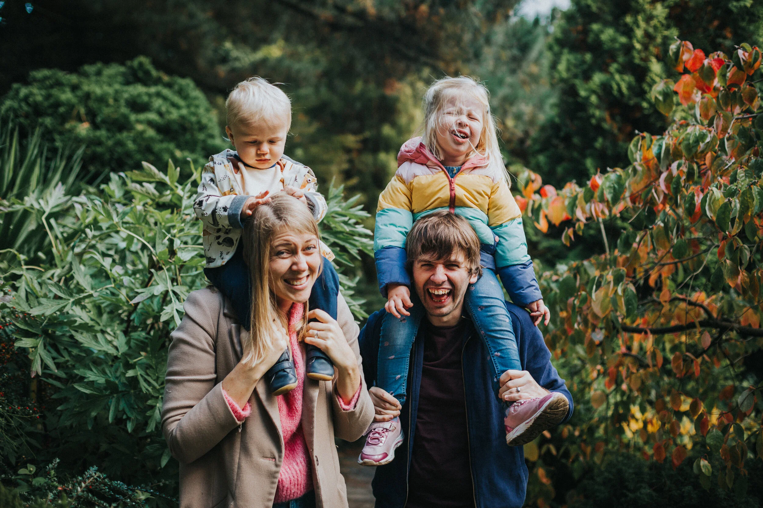 Family laugh together as the children sit on their parents shoulders. 