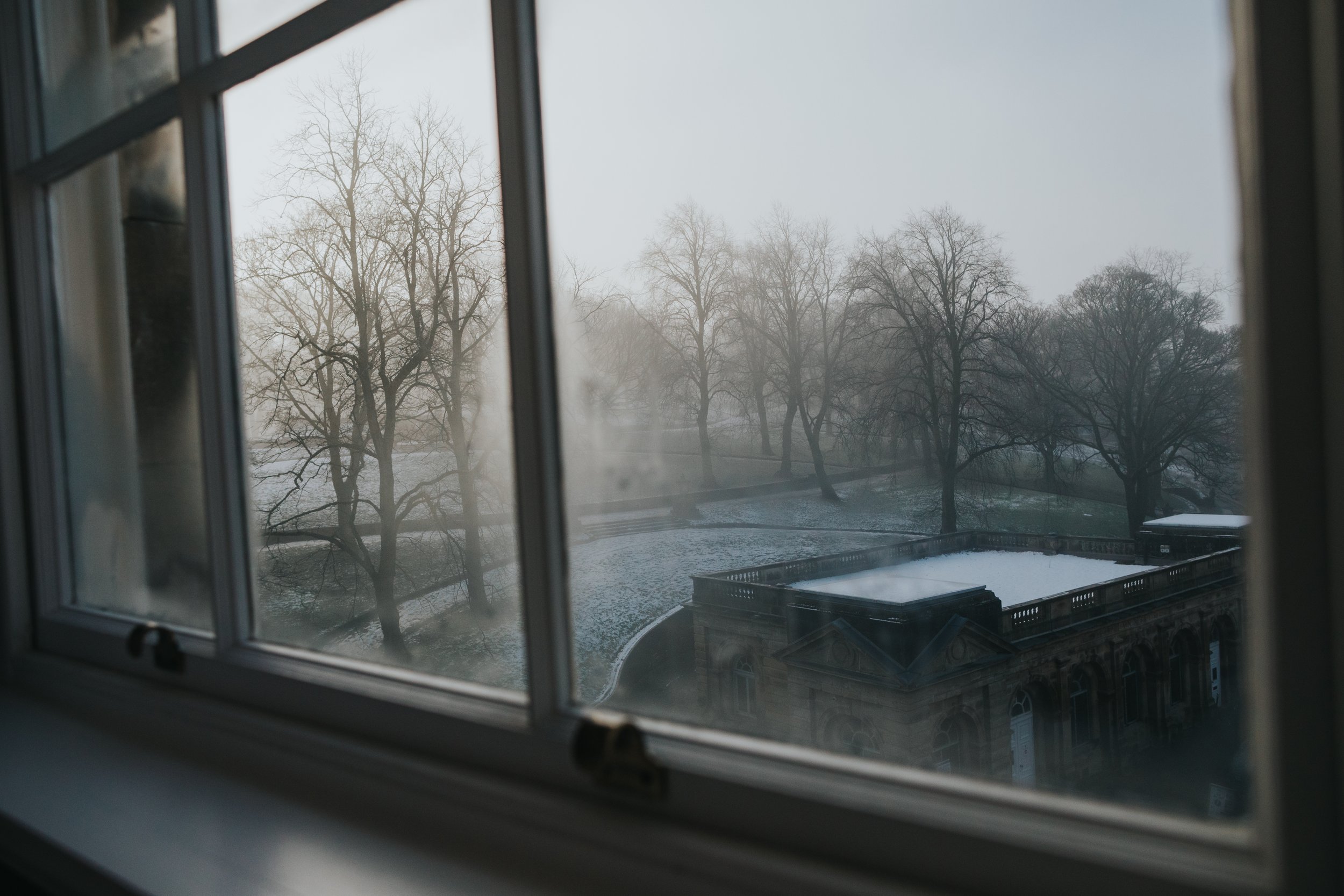 Frosty morning through the hotel window.