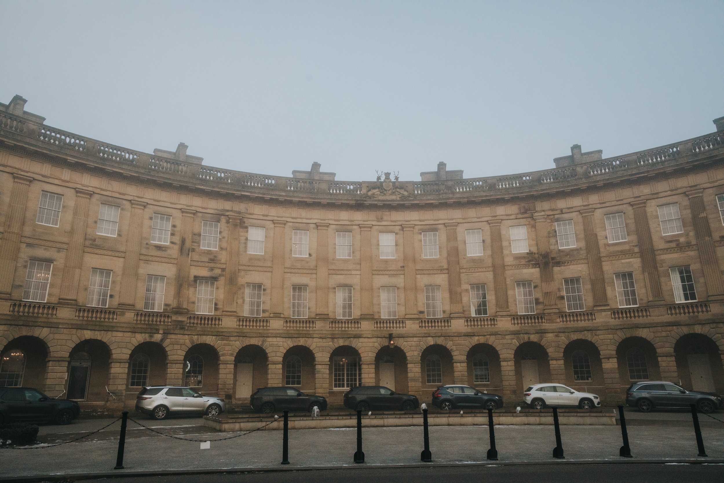 The Cresent Hotel Buxton on a foggy morning in January.