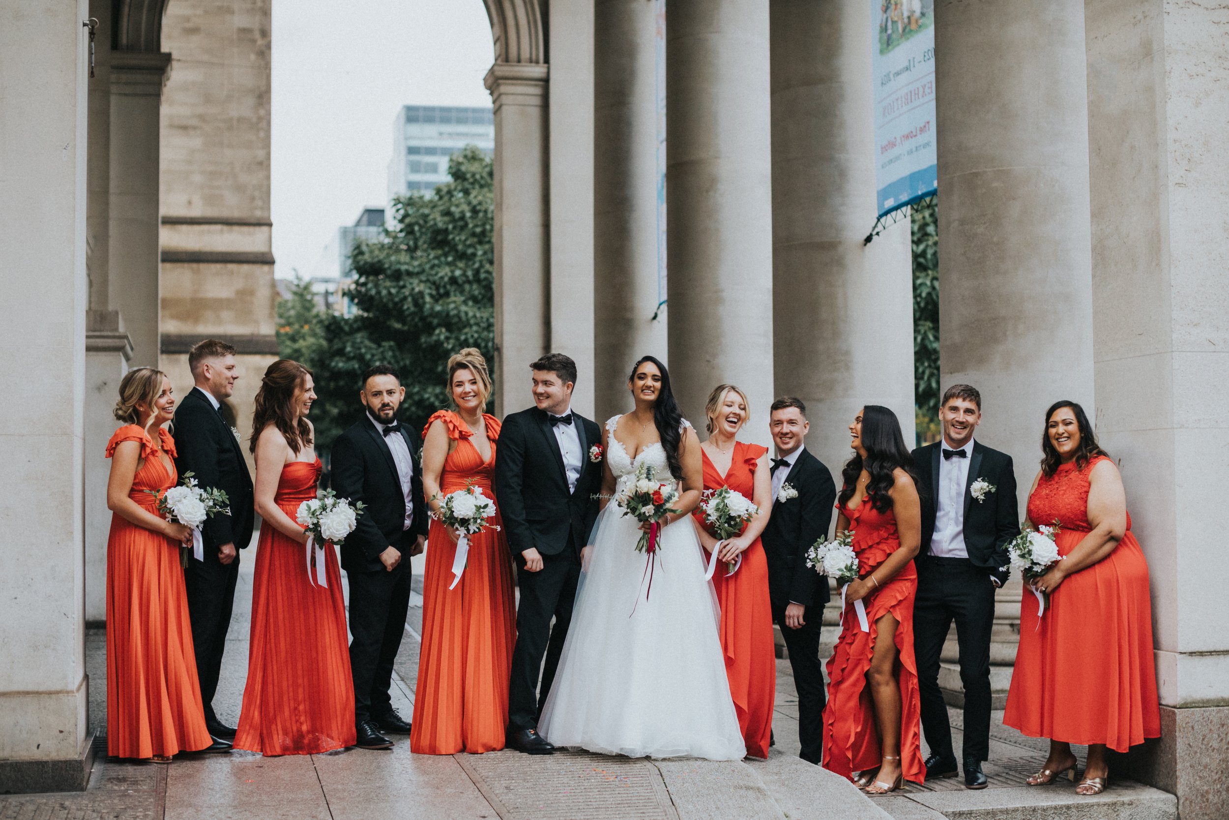 Bridal Party have a photo outside Manchester Central Library. 