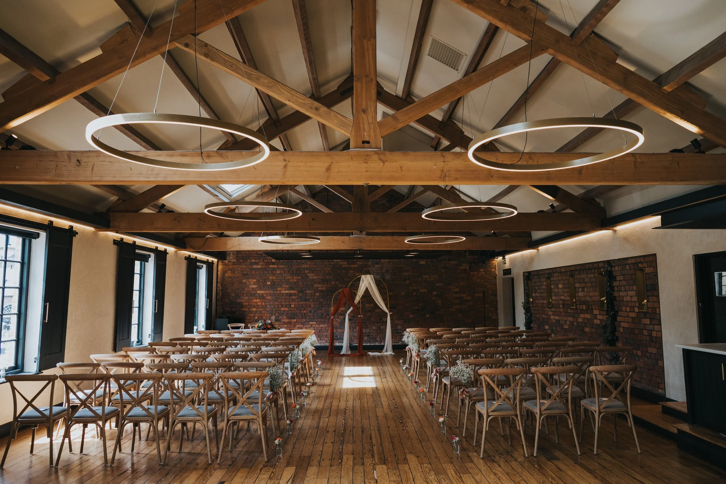 Castle Field Rooms set up for a Wedding on a sunny day in Manchester.