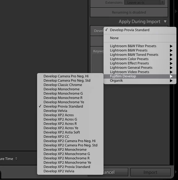 Develop your RAW files on import to be as close to OOC-JPGs or change Film-Simulations anytime!