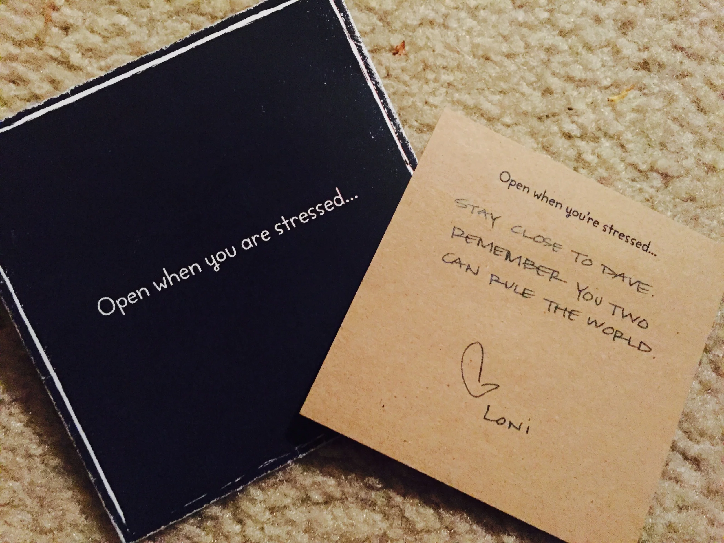 Before I left carter's, my coworkers threw me an awesome going away party! They left me with a set of envelopes that contained notes I should open in various circumstances. They've already come in handy. 