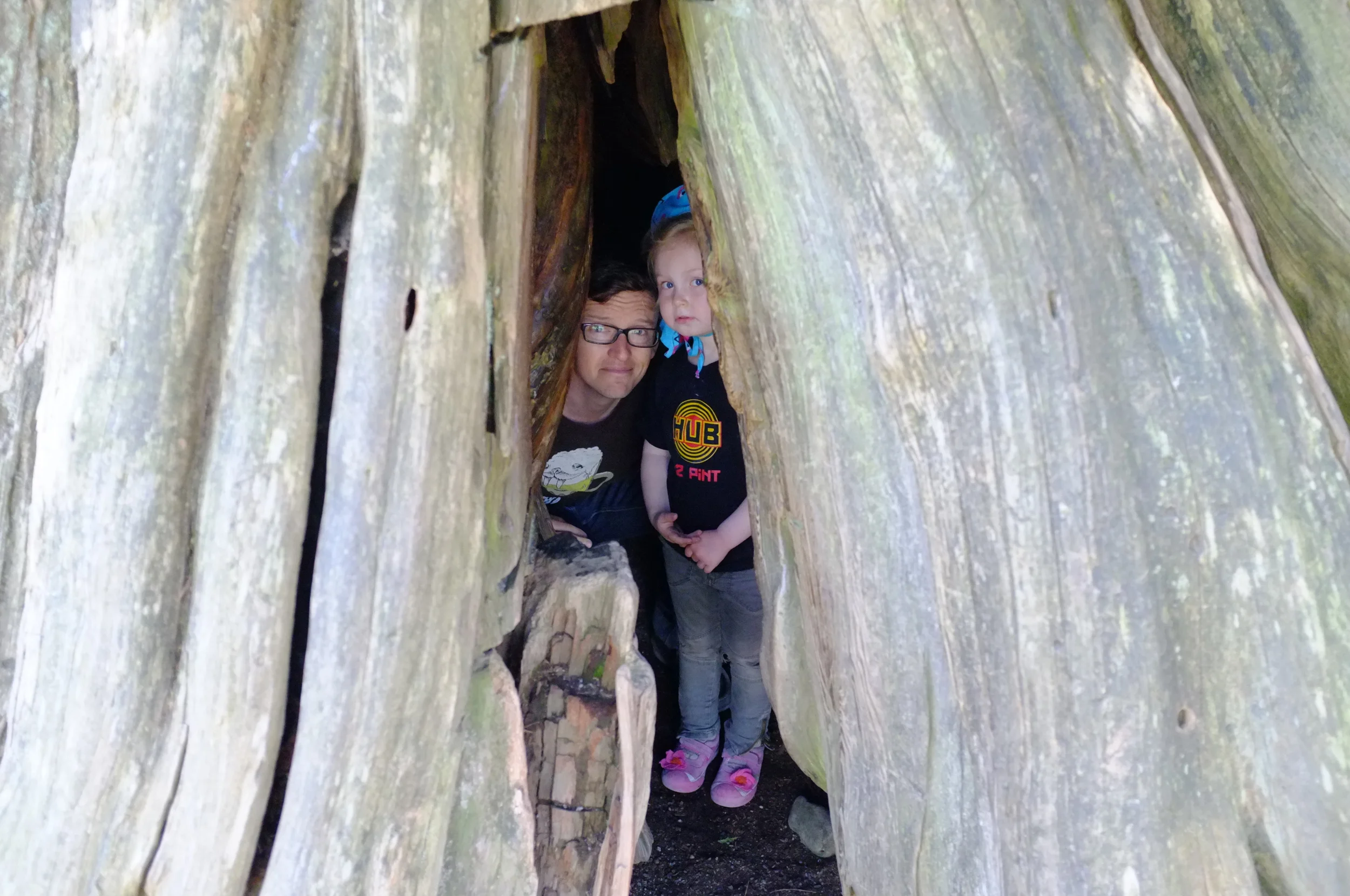 Inside the tree stump, Vancouver BC. Yes, we're both wearing beer t-shirts... cough*Father Of The Year*cough