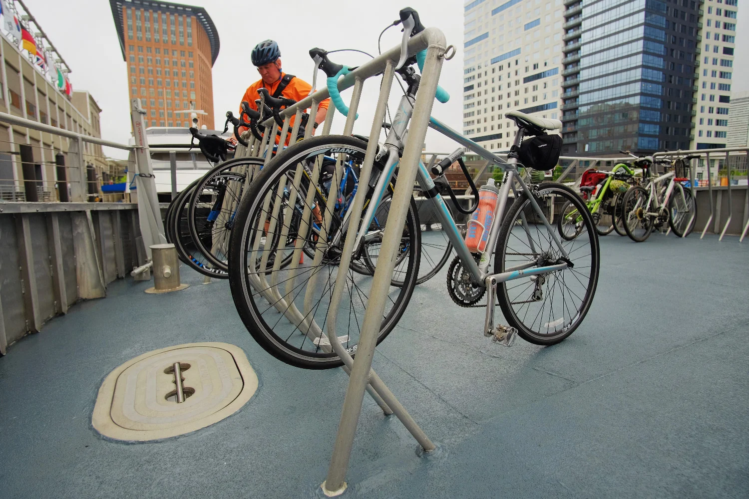 Loading our bikes on the front of the ferry, which has plenty of parking!