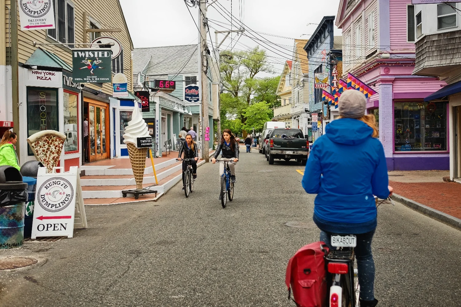 Riding through Provincetown, which has tons of biking locals and tourists, but we wish it was a pedestrian mall closed to cars.