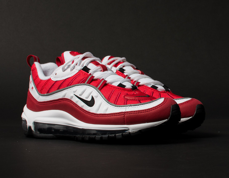 Available: Women's Nike Air Max 98 Red" — Sneaker Shouts
