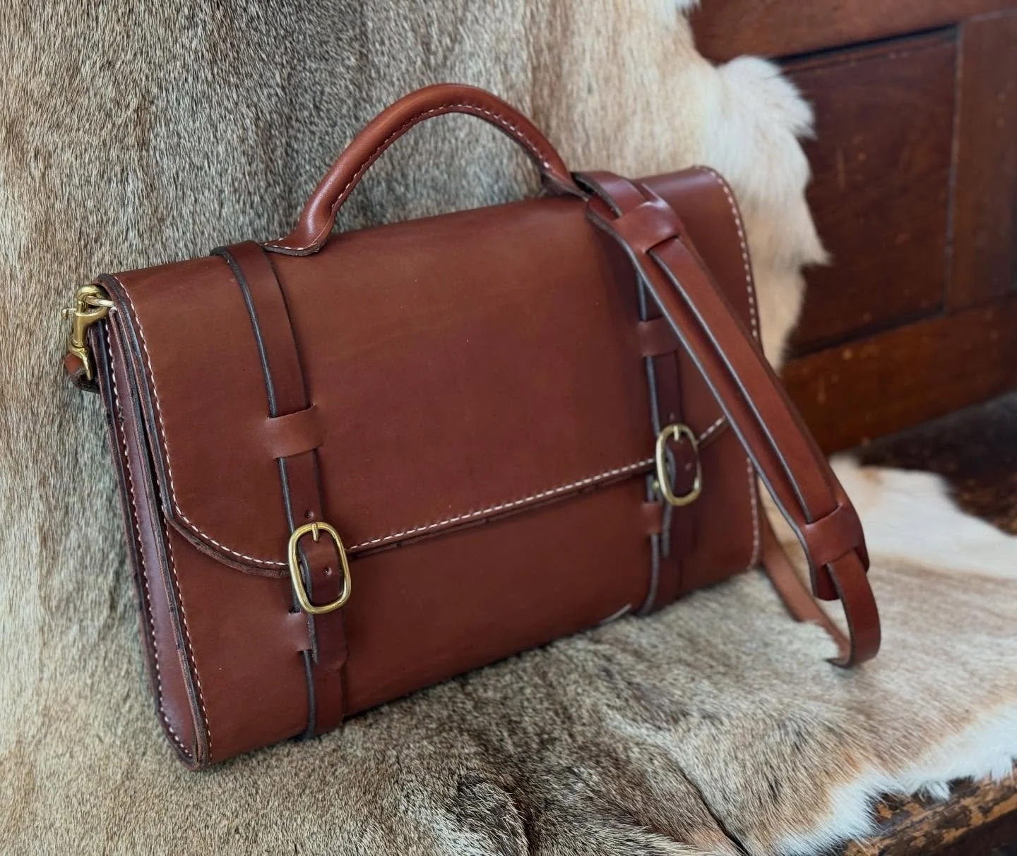 The Victor Powell briefcase. This is the second one I&rsquo;ve ever made. Split English Bridle lined with embossed ostrich. Every single detail thoroughly thought out using techniques Victor taught me. This is one thousand percent to most difficult, 