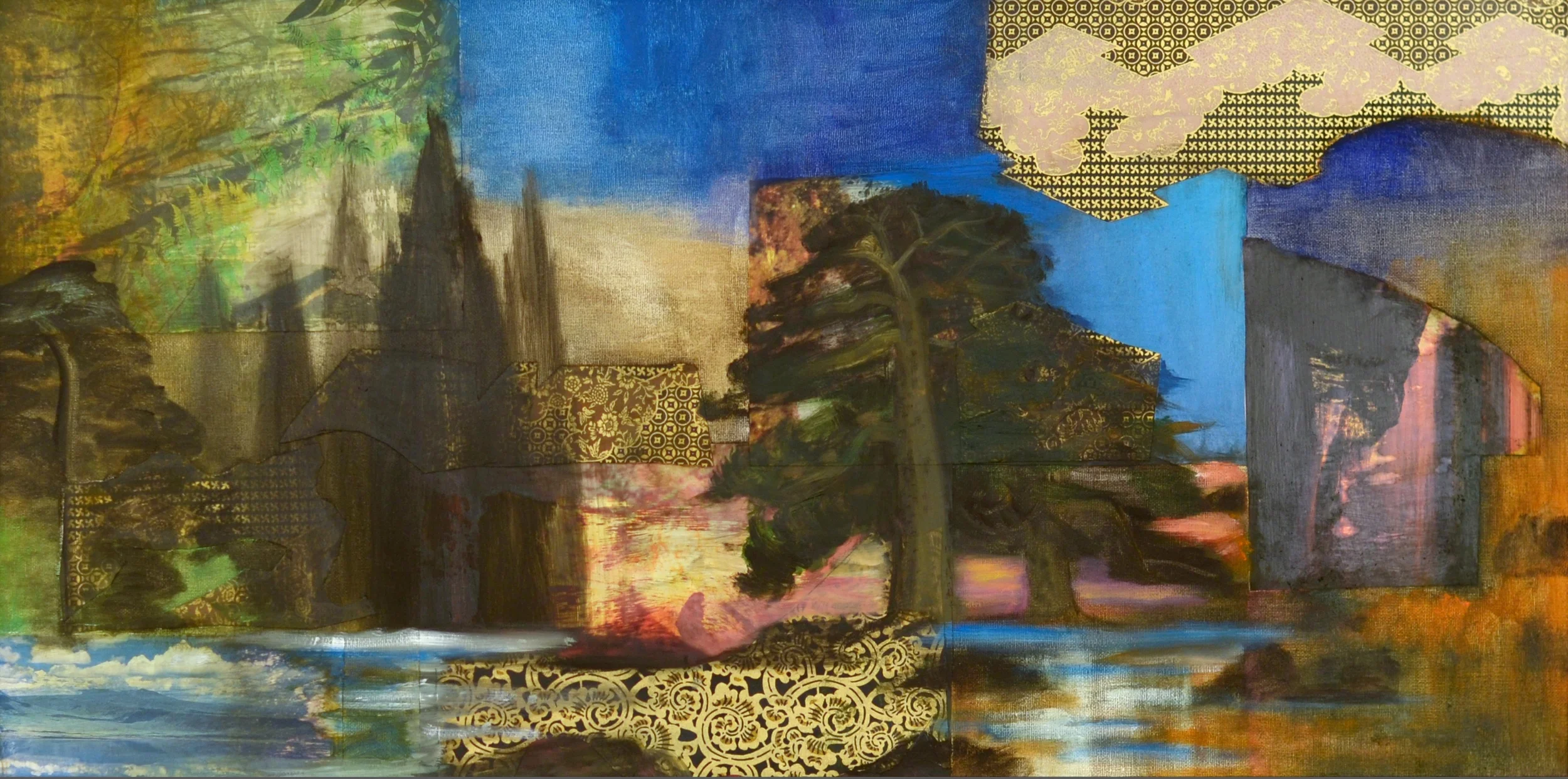 “Sweet And Heavy Grows The Earth Perfumed By His Trailing Robes”, 2012, oil and collage on canvas, 15”x30"