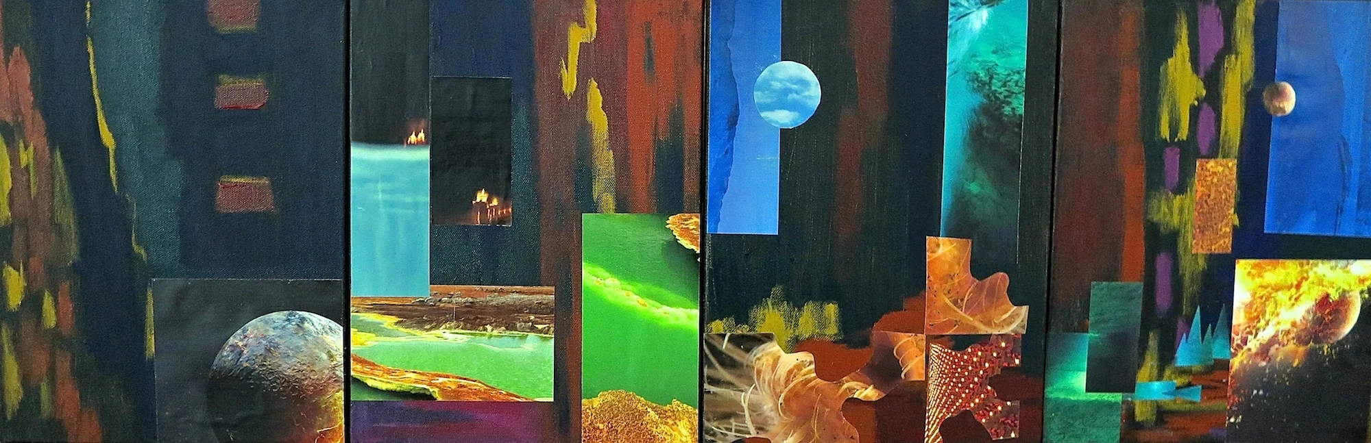  "I See Them Still-Your Sweetly Scintillating Venuses Unextinguished By The Sun", 2015, acrylic and collage on canvas, 4 panel polyptych, each 12"x9" 