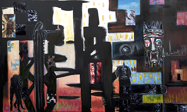 “Oedipus”, 2017, oil and collage on canvas, 36”x60”
