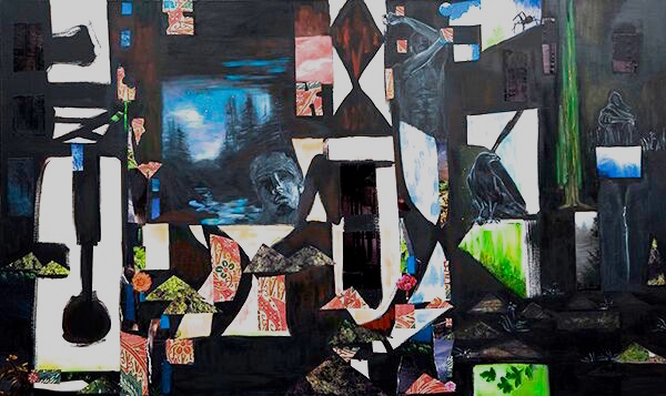 “The Shape Shifter”, 2017, oil and collage on canvas, 36”x60”