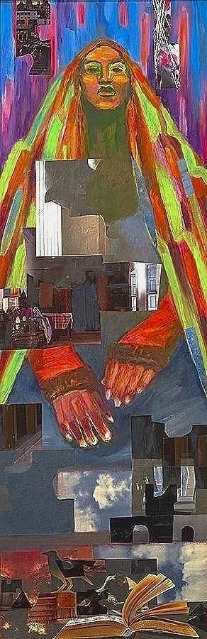 “Sphinx”, 2018, oil and collage on board, 32”x11”