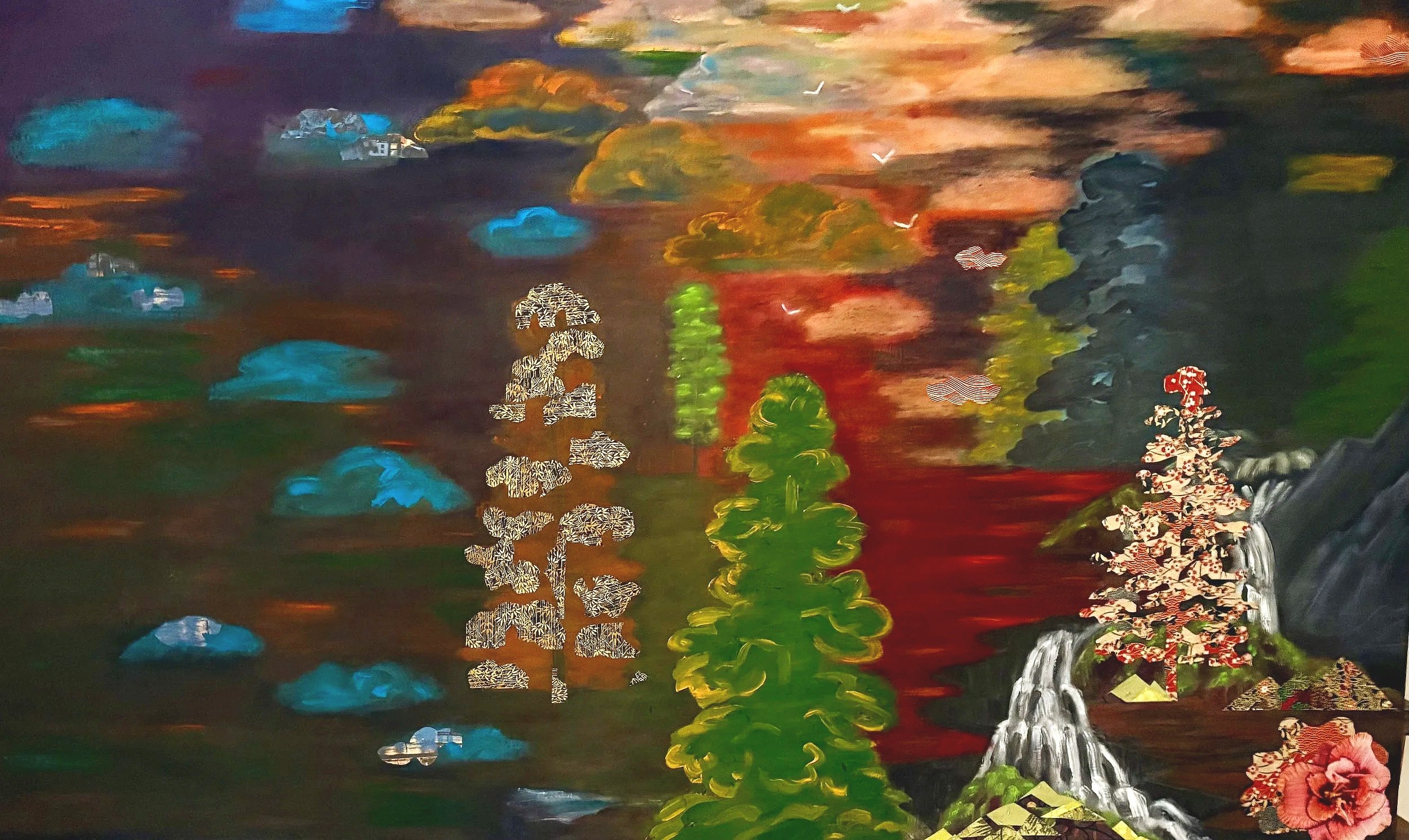 "Cloud Walk", 2025, 36"x50", oil and collage on canvas