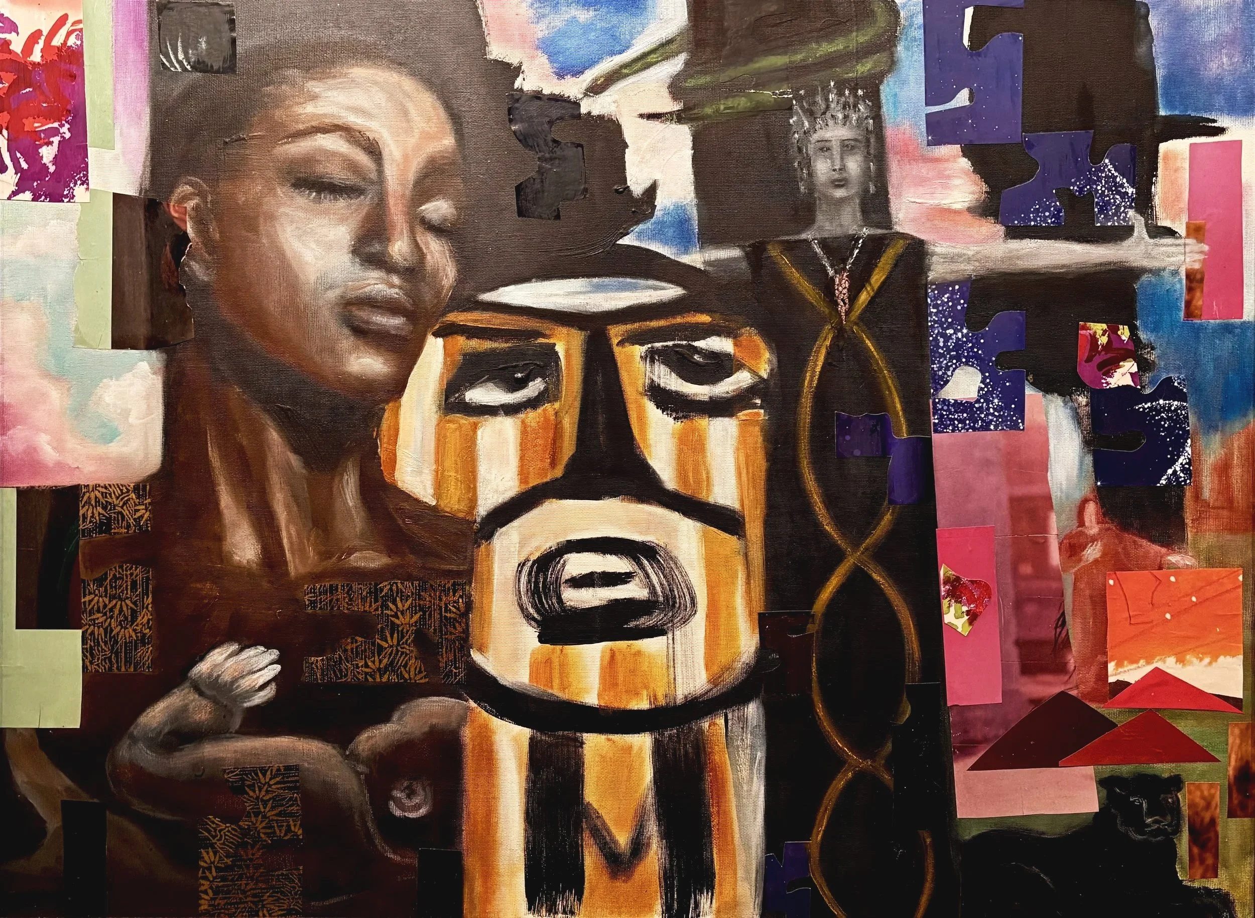 "Initiation", panel 2 of 3, 2018, oil and collage on board, 18"x24"