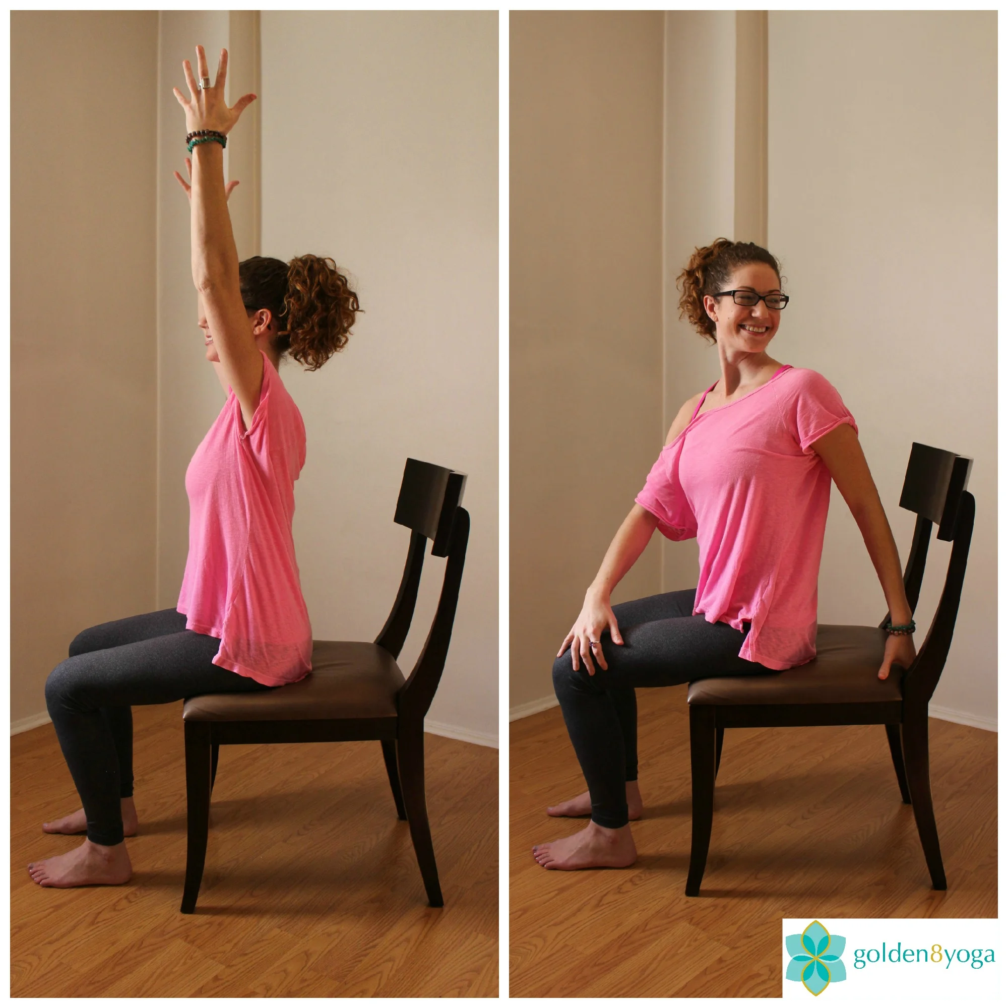 SEATED SPINAL TWIST Try this pose if you have stiffness of your spine or back muscles. Benefits include tension relief in the back, stimulates your kidneys, spleen and liver, and massages the stomach easing digestive problems. 1. Sit comfortably in a chair with your feet hip width distance and parallel to each other. Sit up tall with your back, neck and head in a straight line and shoulders relaxed. 2. Inhale and extend arms up towards the ceiling. Feel each side body lengthen and stretch upward. 3. Exhale and twist to the left placing your left hand at the back of the chair and your right hand pressing on the outside of your left thigh. To increase the twist take your gaze over your left shoulder. 4. Hold the pose for 5 seconds breathing normally. Keep your buttocks firmly planted on the chair. 5. Inhale and release back to center and repeat on the opposite side. You can flow back and forth if that feels good for you. You can do this several times throughout the day.