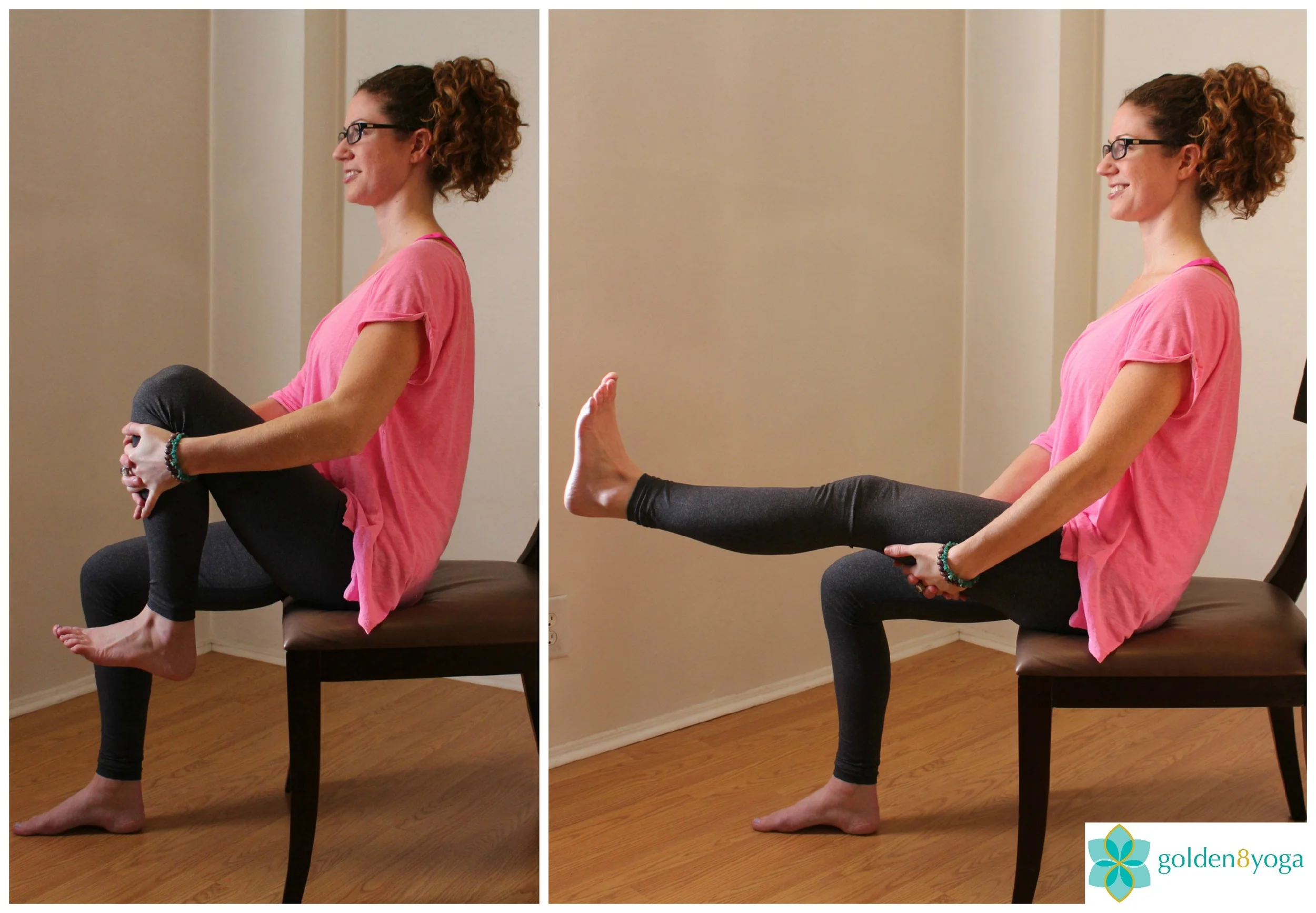 SEATED LEG BEND Try this pose if you experience stiffness in your muscles and joints in your legs. This pose stretches the hamstring and helps keep the knees joints limber. Also aids in easing indigestion. 1. Sit comfortably in a chair with your feet hip width distance and parallel to each other. Sit up tall with your back, neck and head in a straight line and shoulders relaxed. Clasp your hands together behind you at the base of your spine. 2. Clasp your hands around your left knee and lift your knee up towards your chest. As the leg presses against your stomach begin to feel your stomach muscles engage. Keep your foot relaxed. 3. Take the clasp of your hands to behind your thigh and begin to stretch your leg out. Straighten your leg as far as you can to feel the stretch along the back of your leg. Keep your core engaged to help keep your back straight. 4. Release and repeat with the your right leg. 