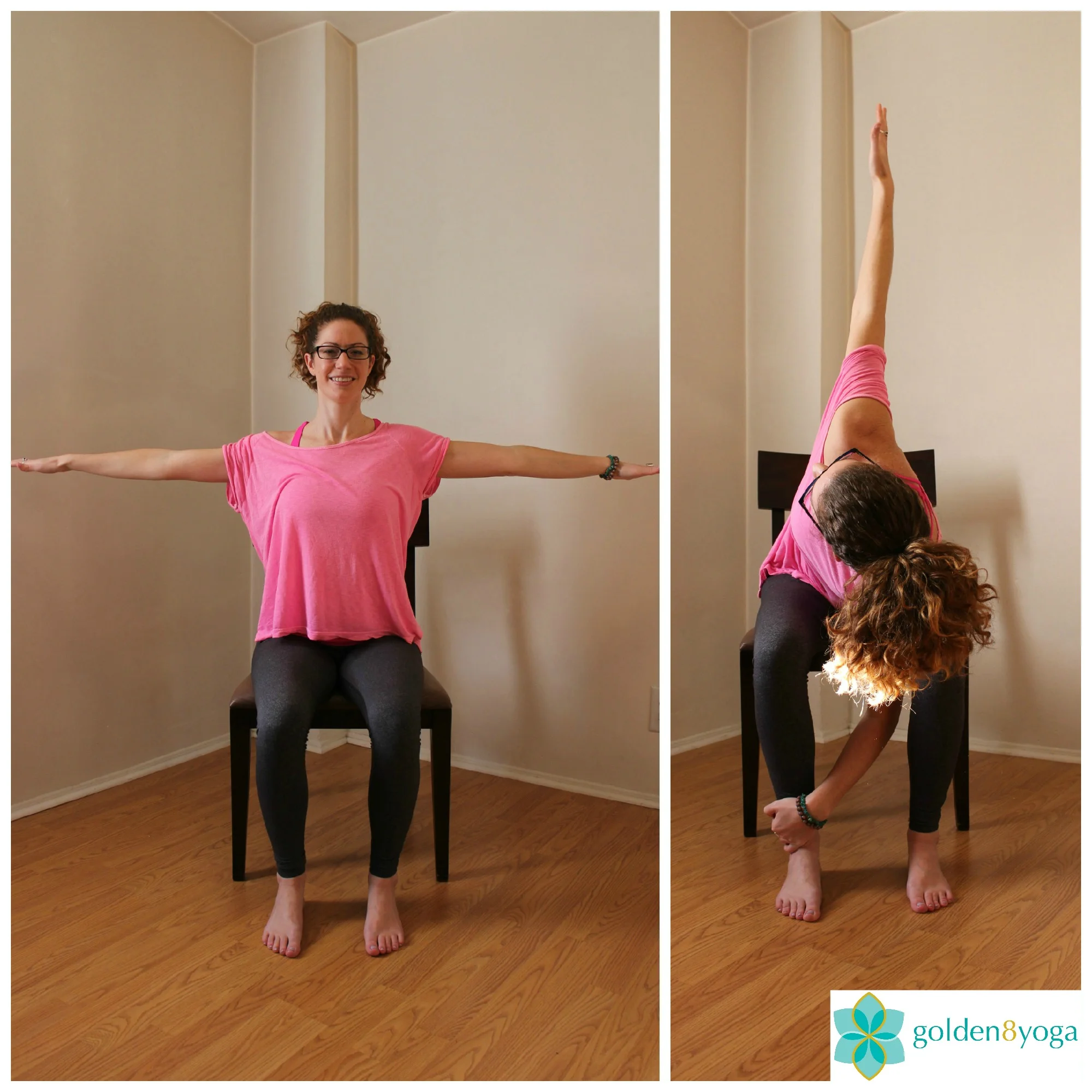 SEATED TRIANGLE Try this pose if you have stiffness in your back. This pose can open the chest to help improve your posture. You will experience a gentle twist of the spine along with a nice side stretch. 1. Sit comfortably in a chair with your feet hip width distance and parallel to each other. Sit up tall with your back, neck and head in a straight line and shoulders relaxed. 2. Extend your arms out to your sides so that they are shoulder height and parallel to the floor. Engage your core by drawing your naval to spine. 3. Take a deep breath in and on your exhale twist to the right. Your left hand will reach down to towards your right food and your right arm will extend up towards the ceiling. Keep your head in alignment with your chest or take your gaze up towards the top arm. Begin to draw your shoulders together on your back to feel your chest opening. Only twist as far as it feels comfortable. Hold for up to 5 seconds. 4. Inhale to unwind and come back to the starting point and repeat on the opposite side. Do 2-3 sets on each side.