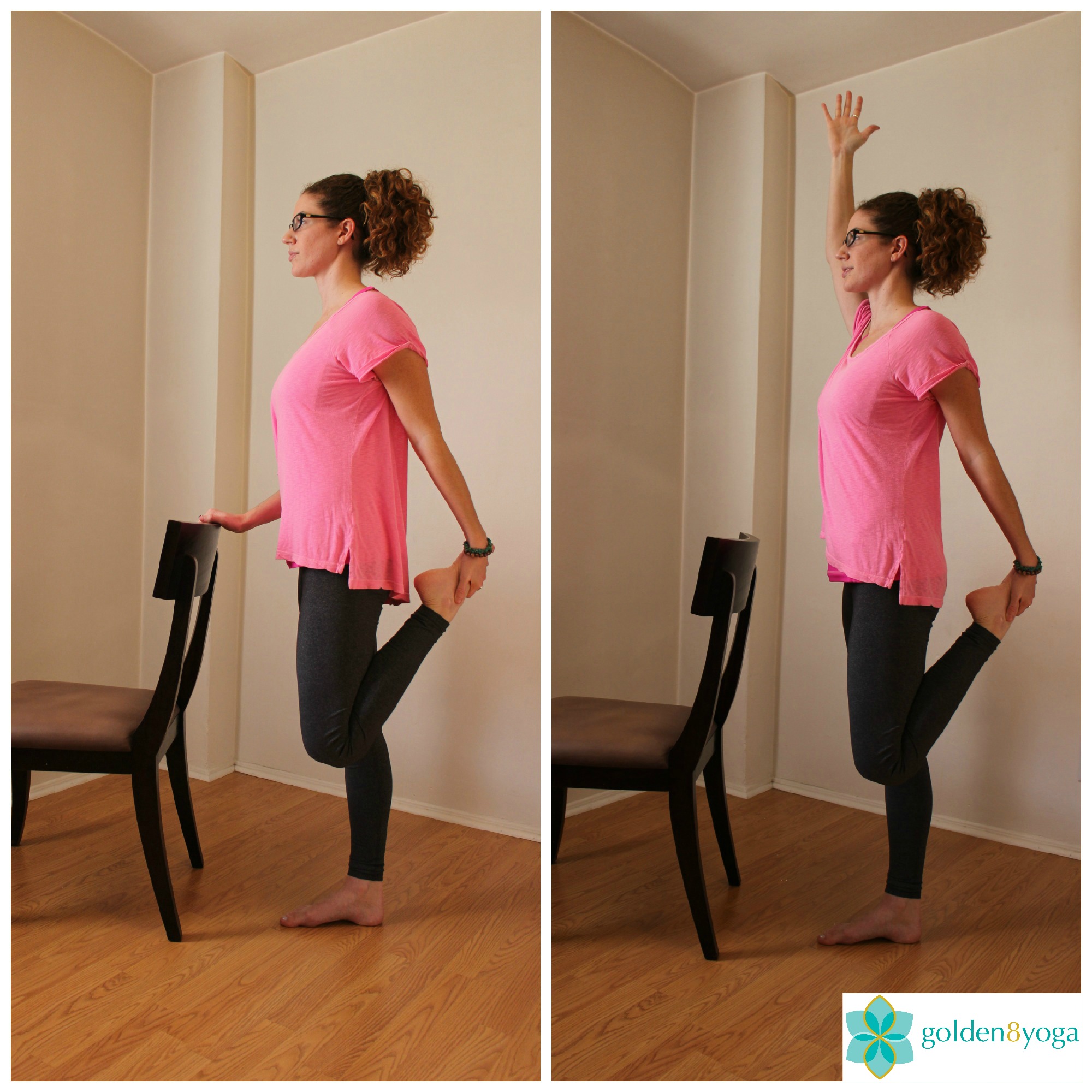 STANDING QUADRICEPS STRETCH Try this pose if you experience low back discomfort. This pose will help to increase flexibility and strength in the legs and assist in alleviated low back pain. If you are prone to knee joint injuries please practice this pose gently and slowly and back out of the pose completely if you experience sharp shooting pain. 1. Start by standing behind your chair with your feet hip width distance and parallel to each other. Use the back of the chair for balance if needed. 2. Shift your weight into your right foot while keeping your right knee soft and not locked. Take your left hand to your left foot or ankle and draw your heel as close to your left buttocks to where you begin to feel a stretch along the front of your left leg. Feel your core engage by drawing your naval to your spine and your chest lift up while shoulders relax down. 3. You can stay here using the chair for balance or you can extend your left arm up towards the ceiling. Hold the pose for 10-30 seconds. 4. Gently release left hand from left foot and repeat on opposite side. 