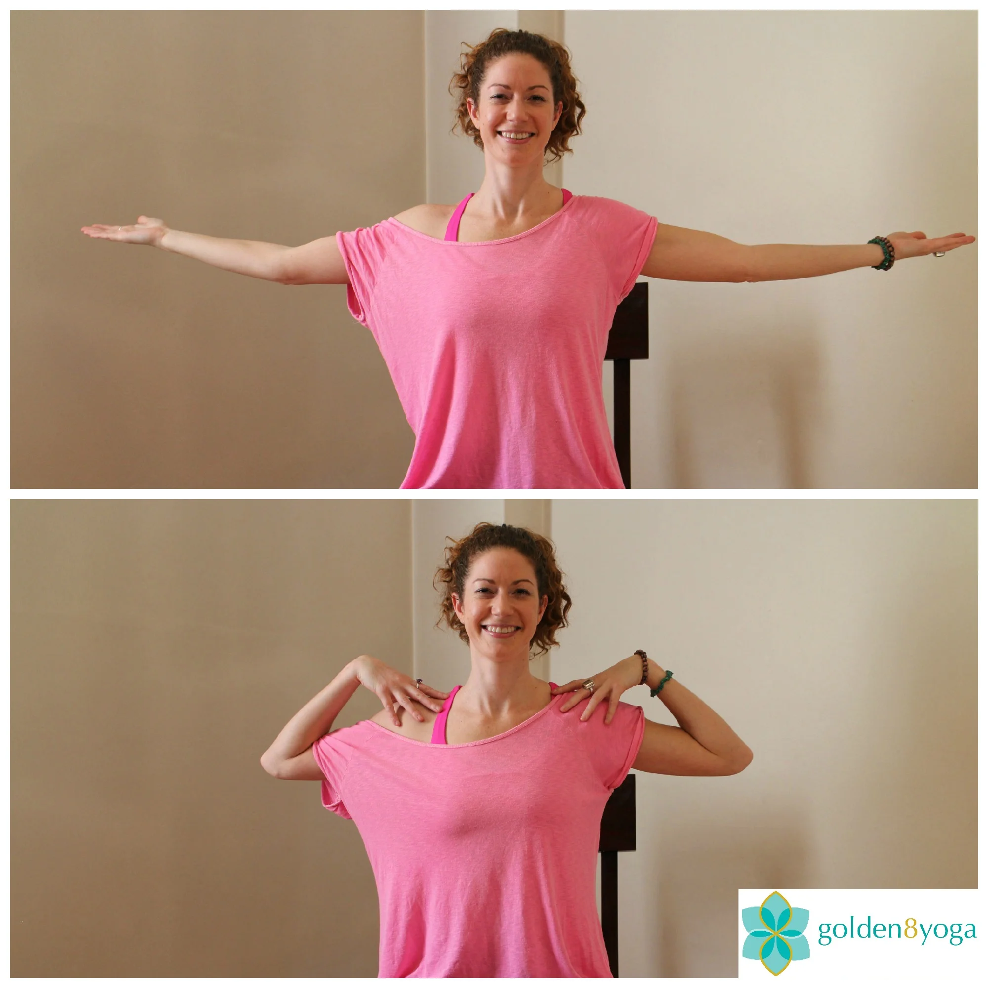ARM & SHOULDER ROTATION Try this pose if you have upper back and shoulder tension. This will warm up the rotator cuff muscles and release tension held in the upper back and shoulders. 1. Sit comfortably in a chair with your feet hip width distance and parallel to each other. Sit up tall with your back, neck and head in a straight line and shoulders relaxed. 2. Extend your arms out next to you so that they are parallel to the floor with the palms facing up. 3. Bend at your elbows bringing fingertips to shoulders. Keep your head facing forward with your chin parallel to the floor. 4. Begin to rotate your elbows in a circular motion while keeping your fingers on your shoulders. Draw elbows in together in front of you, take them up towards the ceiling, rotate them back behind you, and continue in this circular motion for 3-5 rounds. Be sure to take the circular motions in the opposite direction for 3-5 rounds. Please only take the circles as big or as little as it feels appropriate on your shoulders. (This step is not pictured) 5. Release the arms down to your sides and shake your arms and shoulders out. Please only take the circles as big or as little as it feels appropriate on your shoulders. (This step is not pictured)