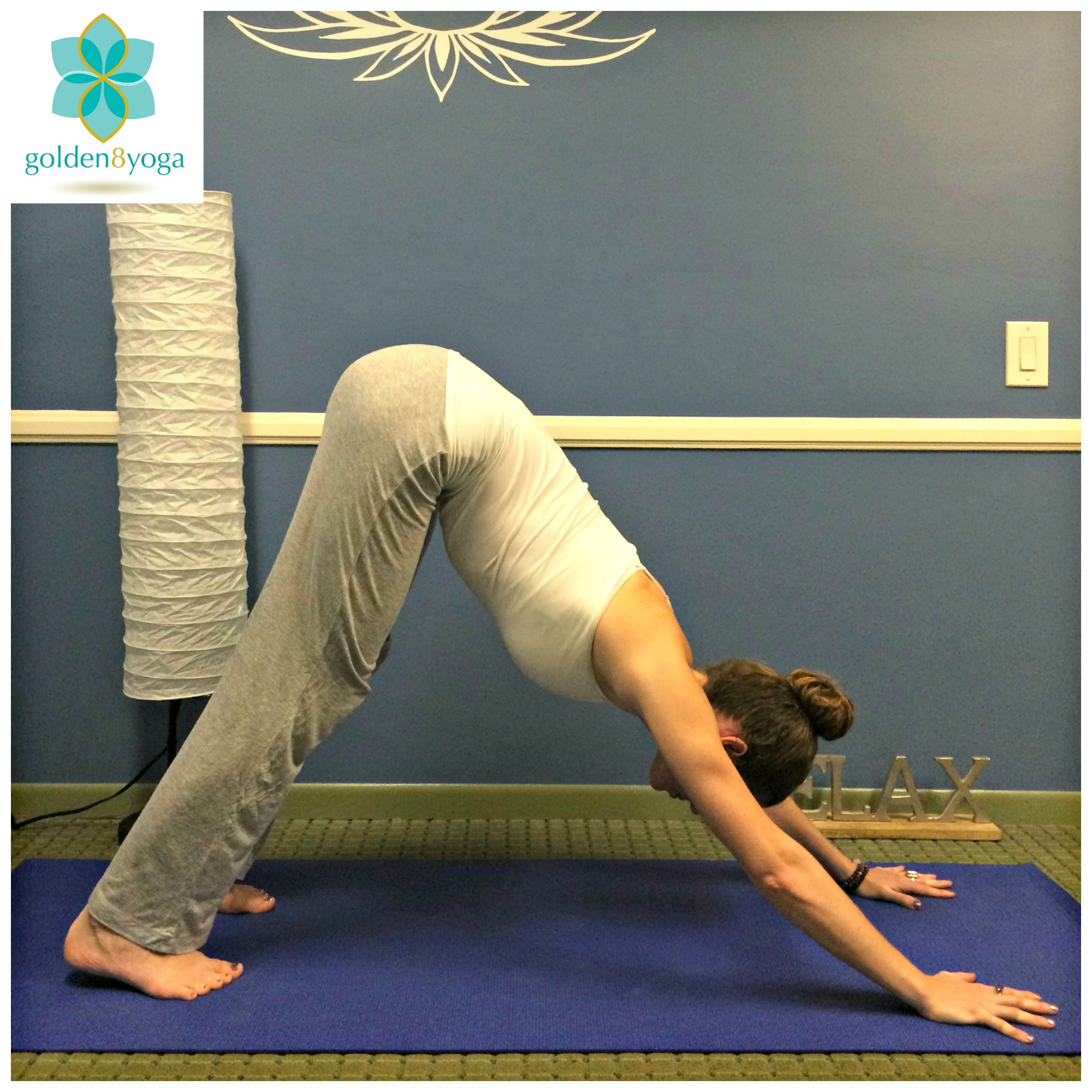 Downward Facing Dog Try this pose for an overall stretch of the body after a long day of work or to release tightness in the body to help promote relaxation. Downward Facing Dog opens the chest, stretches the back, lengthens the spine, and stretches the back of your legs. 1. Start on your hands and knees in a table top position. Hands will be shoulder width distance and tuck your toes under. (Not pictured) 2. Begin to press your palms and all fingers into the floor and lift your hips up and back turning your body into an upside down 'V'. 3. Be sure to not lock your elbows or knees. Make sure your middle finger lines up with the middle of your wrist, and your feet are about hip-width distance apart. 4. Lift up through the tailbone so that your spine lengthens and feel your chest moving closer to your thighs. If it would feel good to you, begin to 'walk your dog' by bending each knee one at a time to help release tension in the body. 5. Hold this pose for 5-10 breaths, then release back into table top. Repeat 1-2 times more. 
