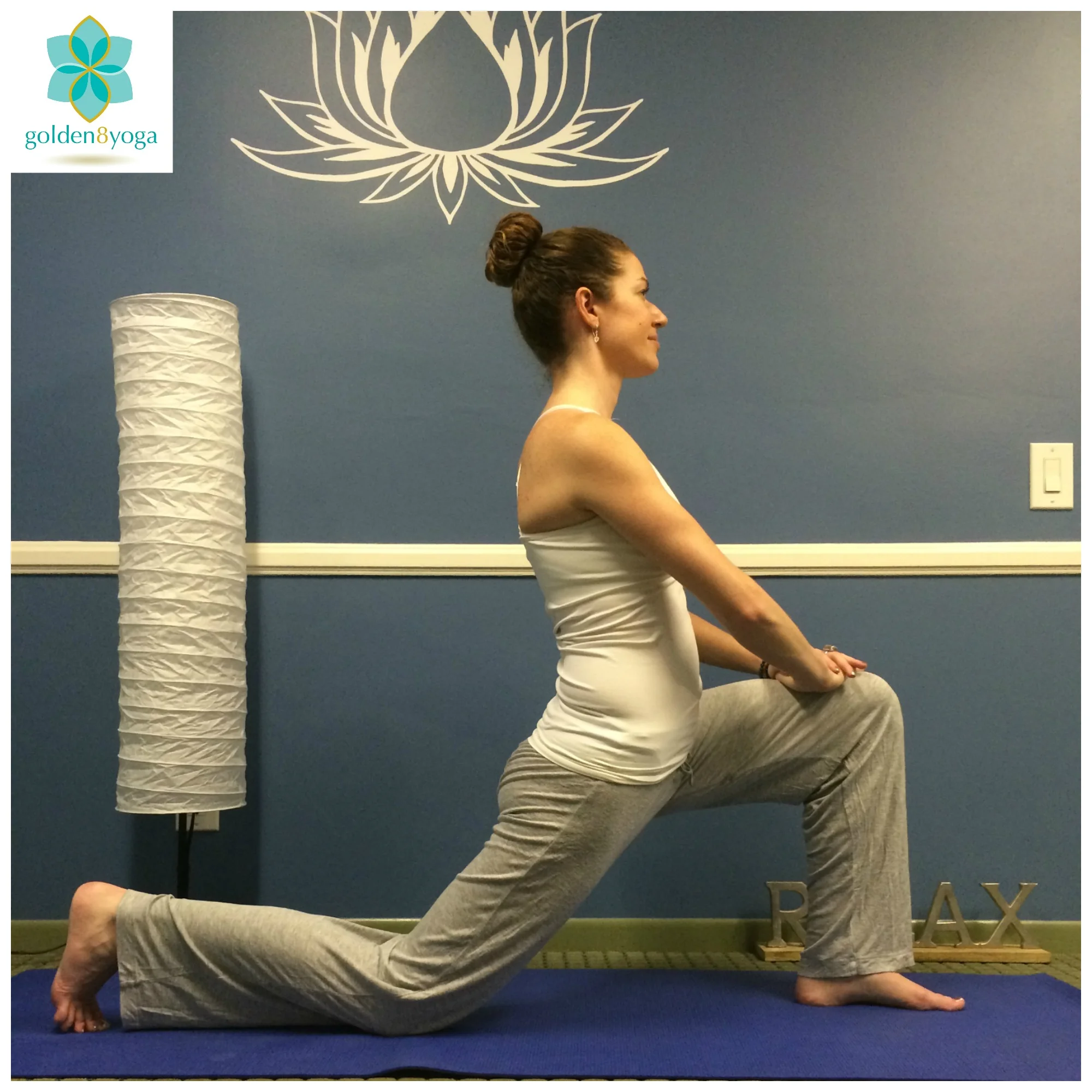 Low Lunge Try this pose to release tension in your hips, and stretch your hamstrings, groin, and quads. Low Lunge also helps strengthen your knees, and relieves sciatica pain. It is a great pose to feel a nice stretch for the lower body and to ground your energy down before heading to bed. 1. From Standing Forward Fold on your exhale step your right foot back into a long lunge. Line your left knee up over your left ankle and gently lower your right knee to the floor. Be sure your right knee is placed behind your hips. Your back toes can be tucked or untucked. 2. On your next inhale engage your core, lift your torso, and bring your hands to your left thigh. 3. On your exhale feel yourself settling into the pose more. Your left knee may track forward over your ankle as your hips sink closer to the floor. Feel your shoulder blades draw together and down your back and your chest broadening. 4. Hold this pose for up to 2 minutes. To come out of the pose release your hands to the floor on your exhale. Tuck your back toes under, lift your back kneed off of the floor and step your right foot forward coming back into your forward fold. Repeat with the opposite leg. 