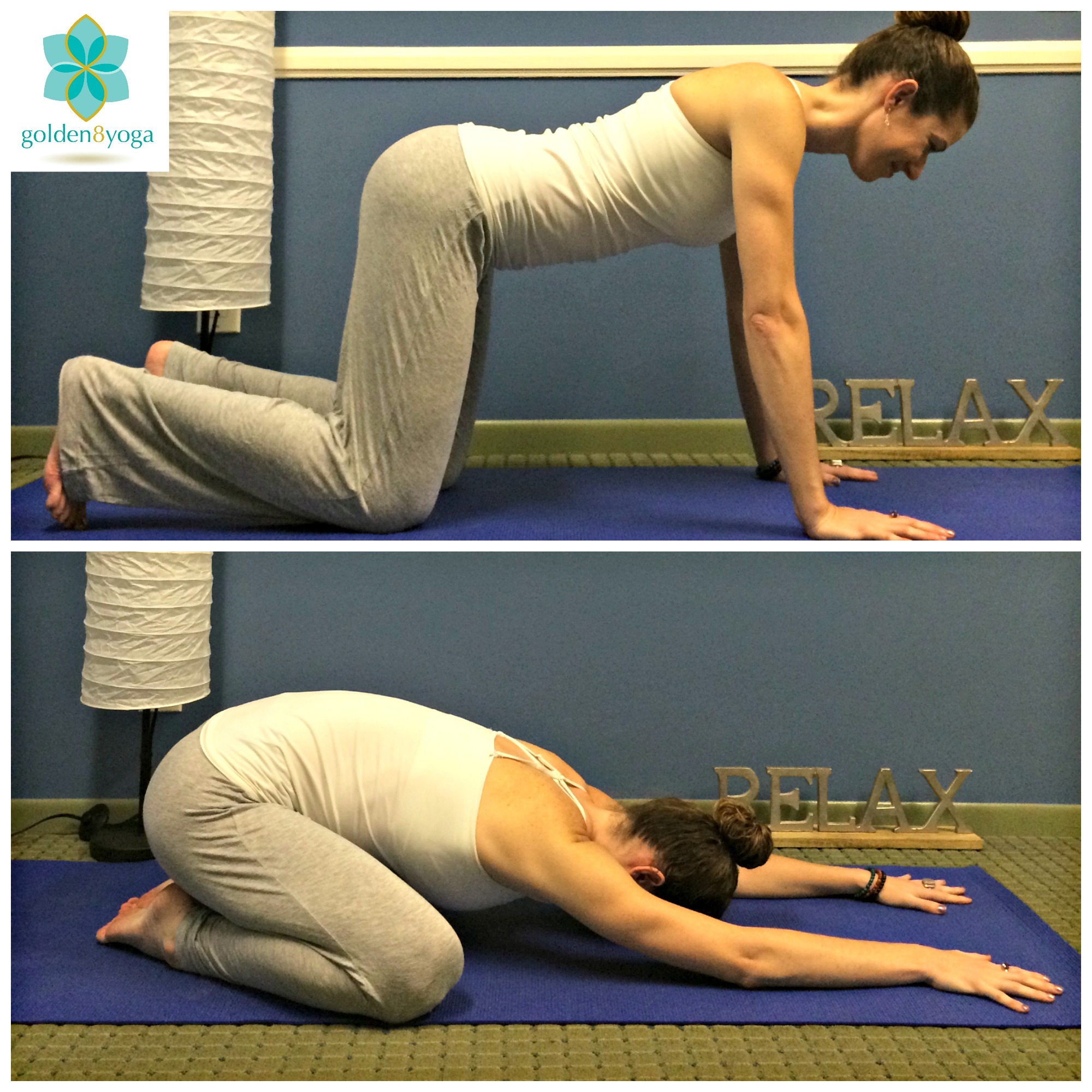 Child's Pose Try this pose to calm your mind, increase blood circulation to your head, to gently stretch your lower back, hips, thighs, ankles, and to relax your spine, shoulders, and neck. Doing Child's Pose before bed would help ground and center you for a restful night. 1. Begin in a table top position on your hands and knees. Untuck your toes so the tops of your feet are flat on the ground and bring your big toes together to lightly touch. Widen your knees to about hip width distance or a little wider. 2. On your next exhale, release your hips back towards your heels and fold your torso over your thighs. Before your forehead rests on the floor feel the back of your neck lengthen. Arms can lay along side your body or extending out in front of you resting on the floor. Hold for 10 breaths or as long as the pose feels good on your body. 3. To release out of the pose, inhale and slowly make your way into to your table top position.