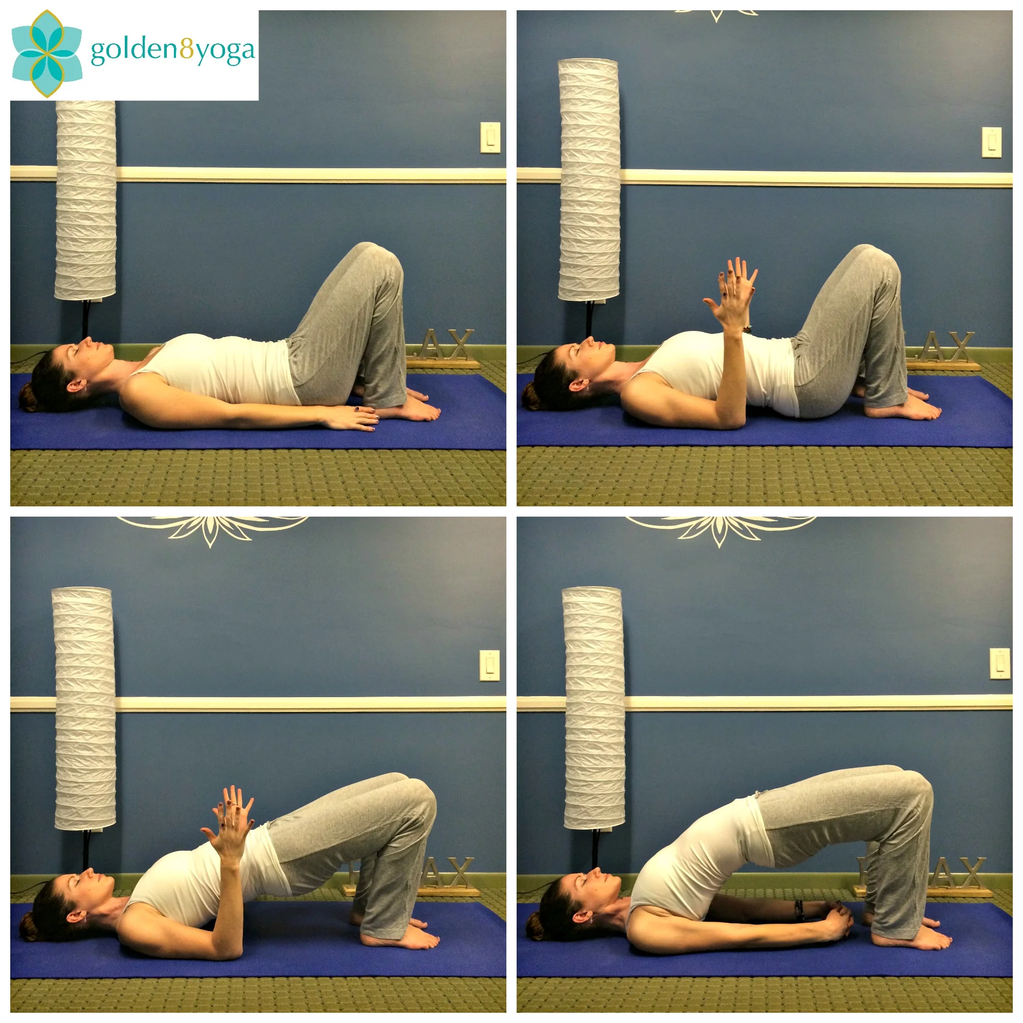 BRIDGE POSE Try this pose if you would like to reduce fatigue, anxiety, and insomnia. Other benefits include a gentle stretch of your chest, neck, spine & hips. Bridge pose helps alleviate stress, improves digestion, and strengthens your back, buttocks & hamstrings. 1. Begin by laying flat on your back with knees bent and arms along your side. Feet will be flat on the floor, parallel to each other, hip width apart, and as close to your buttocks as possible. 2. Bend your elbows so that the backs of your arms are pressing into the floor and your fingertips are pointing up towards the ceiling with palms facing your body. On your next inhale engage your glute muscles and lift your hips towards the ceiling. 3. As you settle into the pose feel equal weight being put into your feet, keep your inner thighs engaged, and feel your shoulders and backs of your arms pressing into the floor. From here you can release your arms along side your body and clasp your hands underneath you. Feel your arms pressing firmly on the floor to help keep your hips lifted. 4. Hold this pose for 5-15 breaths. The release out of the pose unclasp your hands, and on your exhale slowly roll your spine down to the floor. Repeat if desired. 