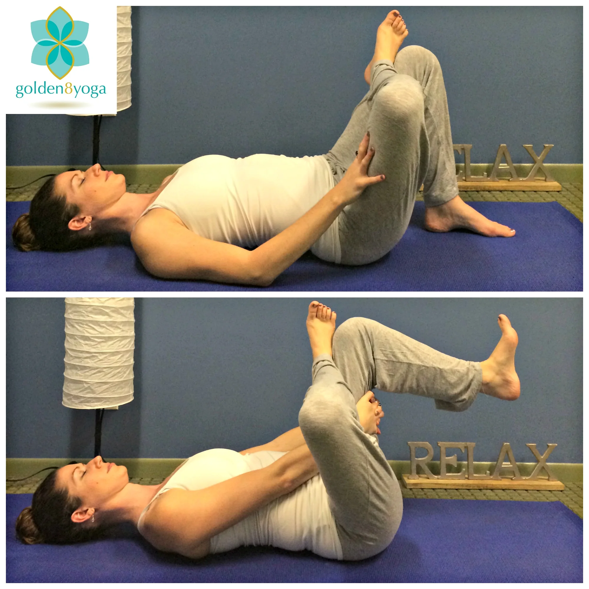 RECLINING PIGEON POSE Try this pose if you would like to open your outer hips and low back. This pose will help stretch your hamstrings, quads, and IT band bringing calmness to your thoughts, soothing any anxiety, and relieving stress. 1. Begin by laying flat on your back with knees bent and arms along your side. Soles of your feet will be flat on the floor, parallel to each other, and hip width apart. 2. Pick your right foot off of the floor and place your right ankle over your left thigh, with your right knee opening out to the right side. Keep your right foot flexed to protect your knee. Gently press your sacrum towards the floor so that there is softness and a slight lift in your lumbar spine. 3. You can stay here if you are feeling a nice stretch in your outer right hip, or you can begin to take it deeper. If taking it deeper, place both hands behind your left thigh and lift your left foot up off of the floor drawing your left knee in towards your chest. This will provide a deeper stretch. 4. Hold this pose for 10-20 breaths. Gently release both feet back to the floor to your starting position and repeat on your second side. 