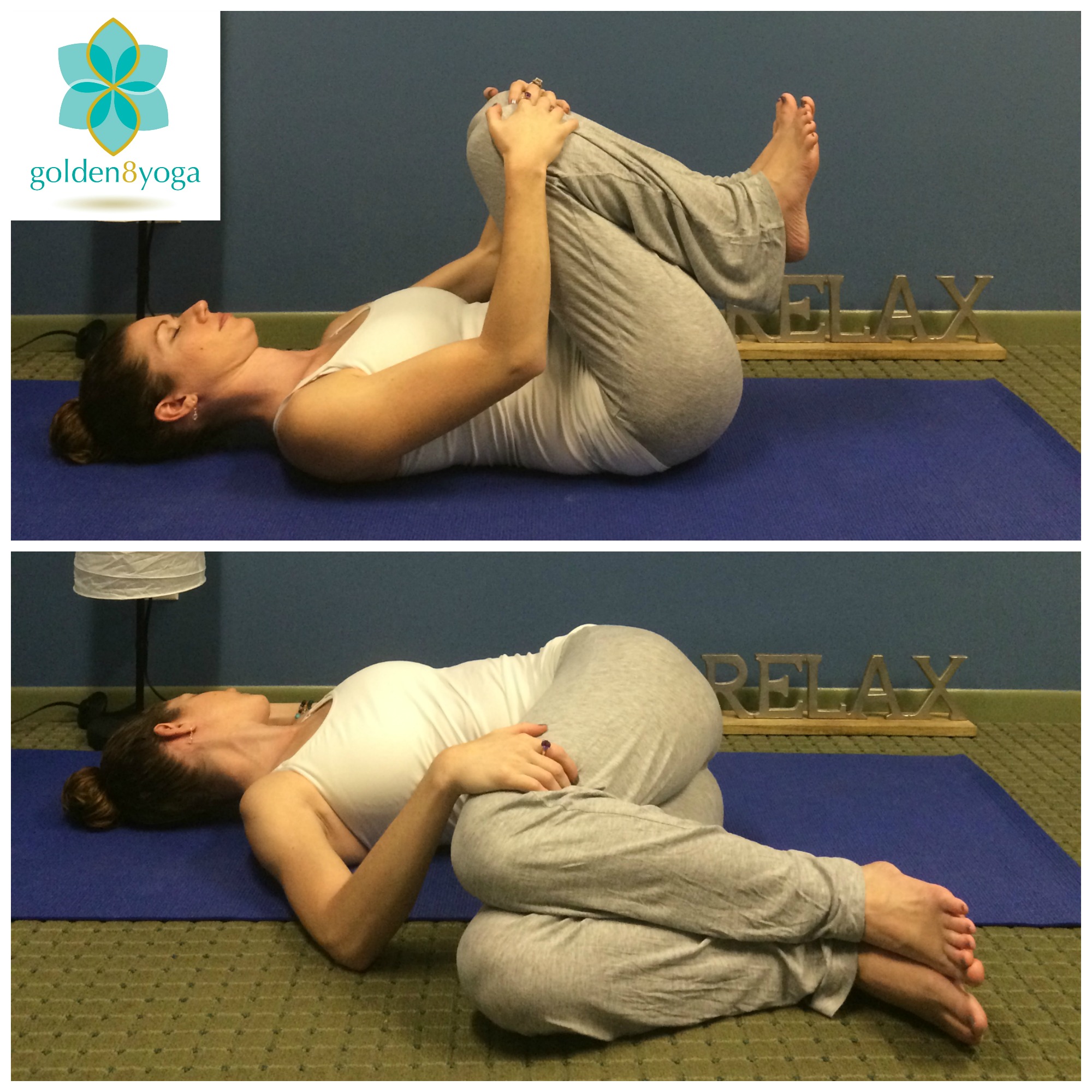 SUPINE SPINAL TWIST Try this pose to bring flexibility to your spine, to alleviate stiffness in your low back and hips, and to aid digestion. This pose will help to alleviate any stress built up from your day. 1. Begin by laying flat on your back and hug both knees into your chest. Take a nice deep breath in and on the exhale slowly allow both legs (still bent) to lower to the floor on your right side. 2. Extend your left arm out perpendicular to your body and try to keep your left shoulder on the floor. Your right hand can be placed along your outer left thigh to help you settle into the pose. 3. Hold the pose for 5-10 breaths. On your next inhale feel your core gently engage to help bring your knees back to center and then on your exhale repeat on the opposite side. 