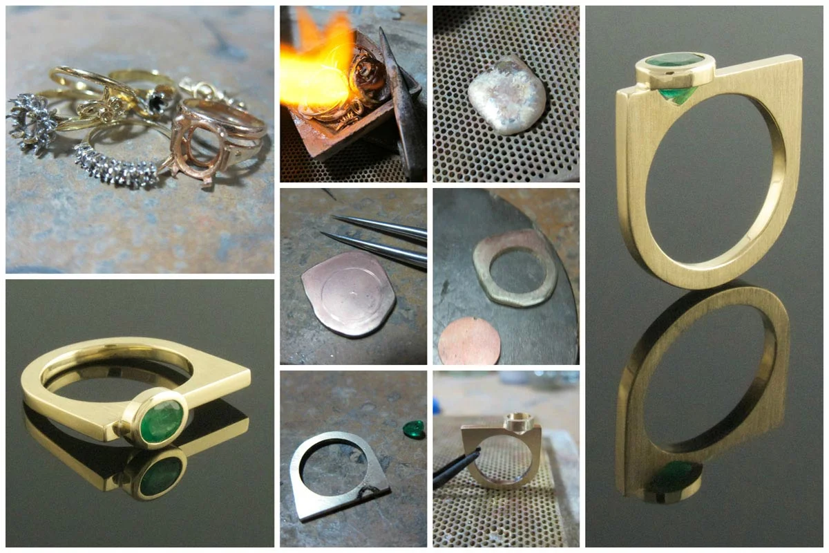 Gold U-shaped emerald dress ring remodel