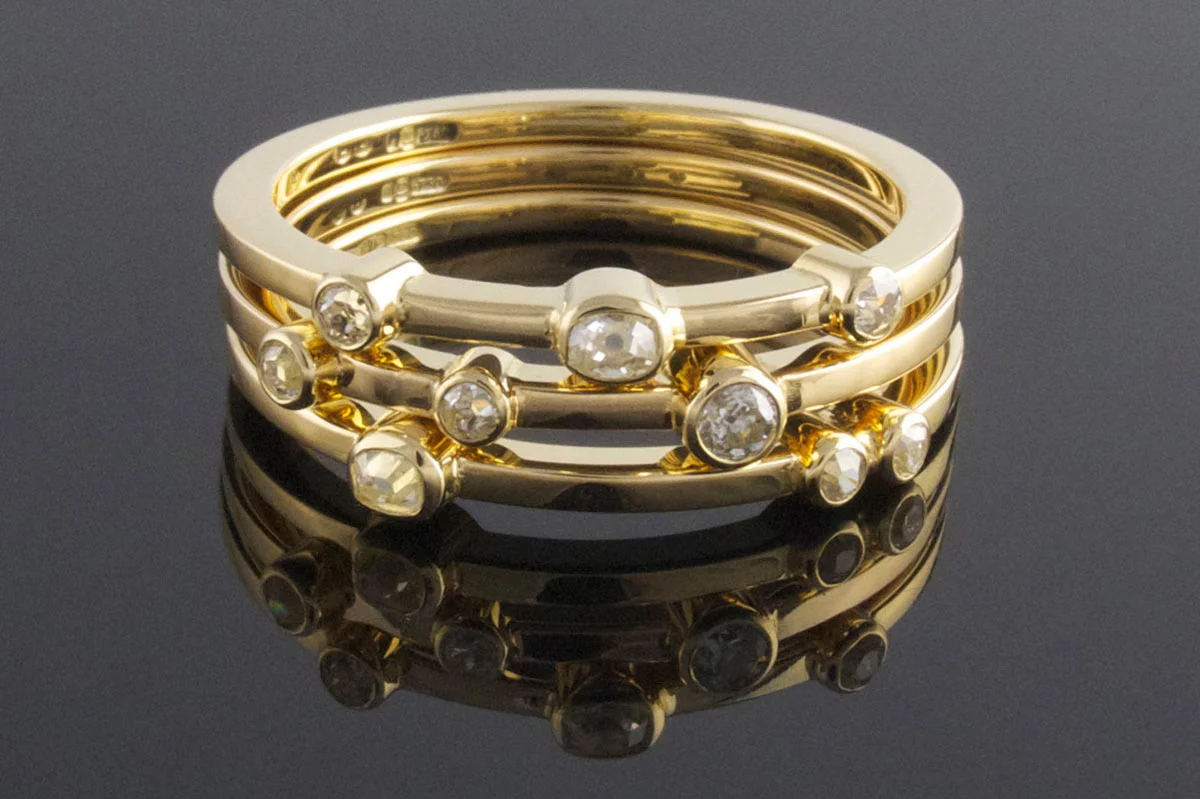 Yellow gold stacked old cut diamond rings