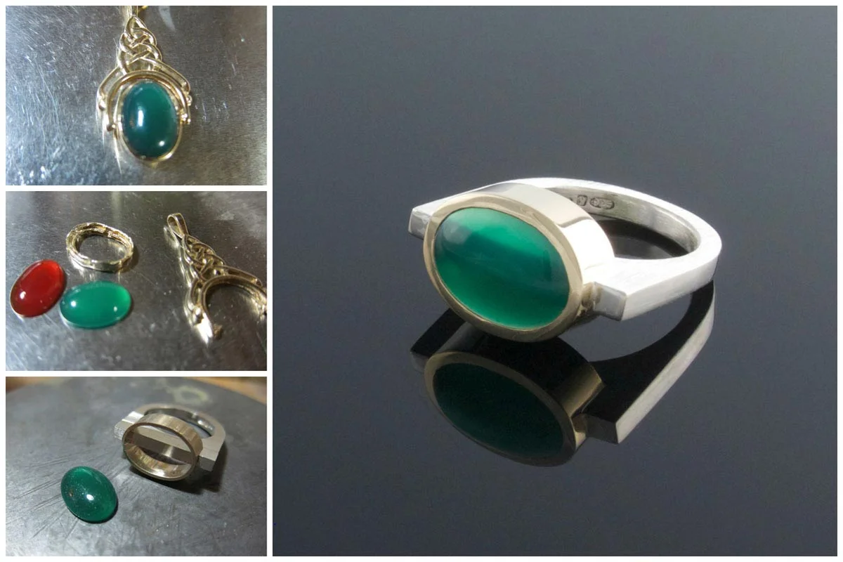 Green agate bezel set in 9ct yellow gold on a silver U-Shaped ring