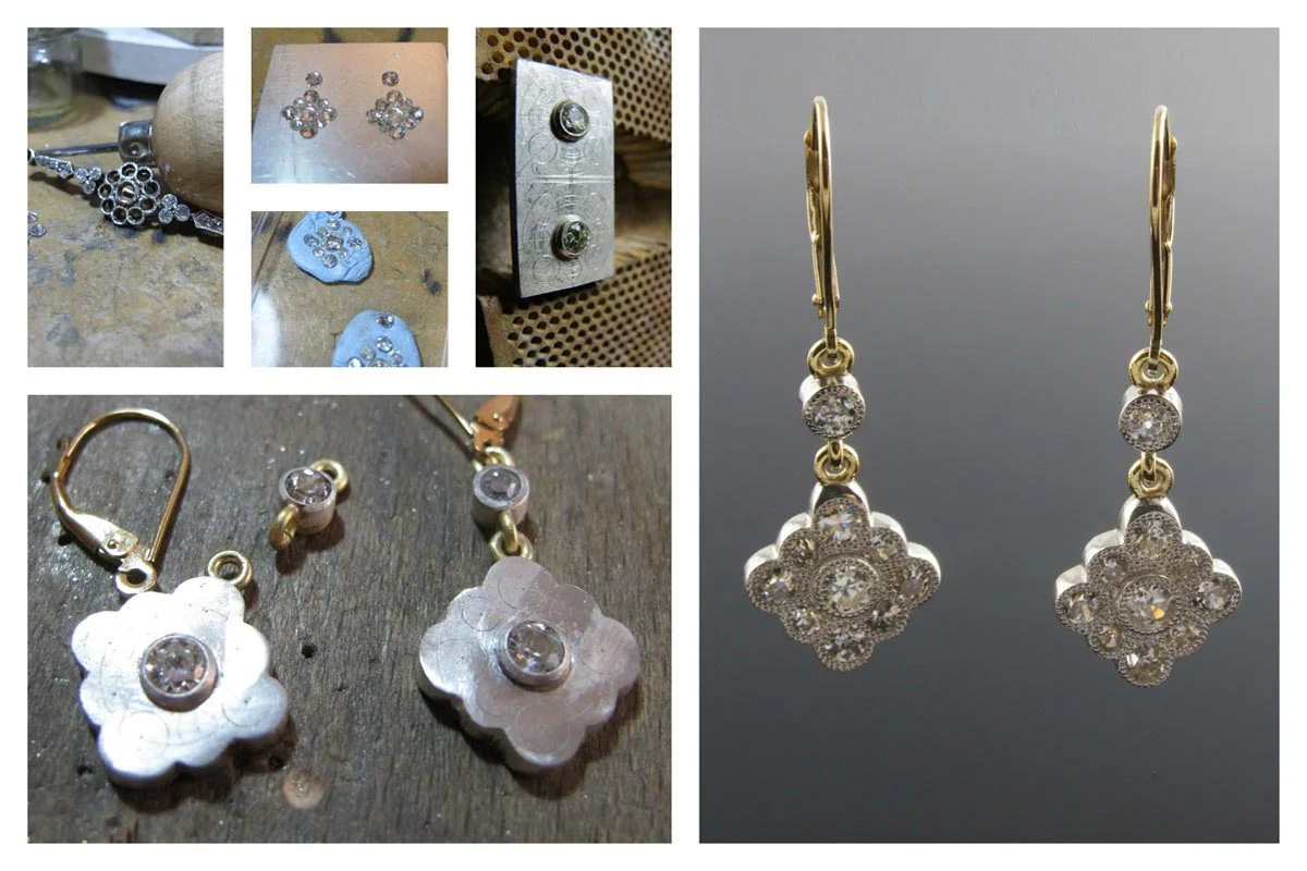 Silver and 18ct yellow gold old cut diamond drop earring remodel