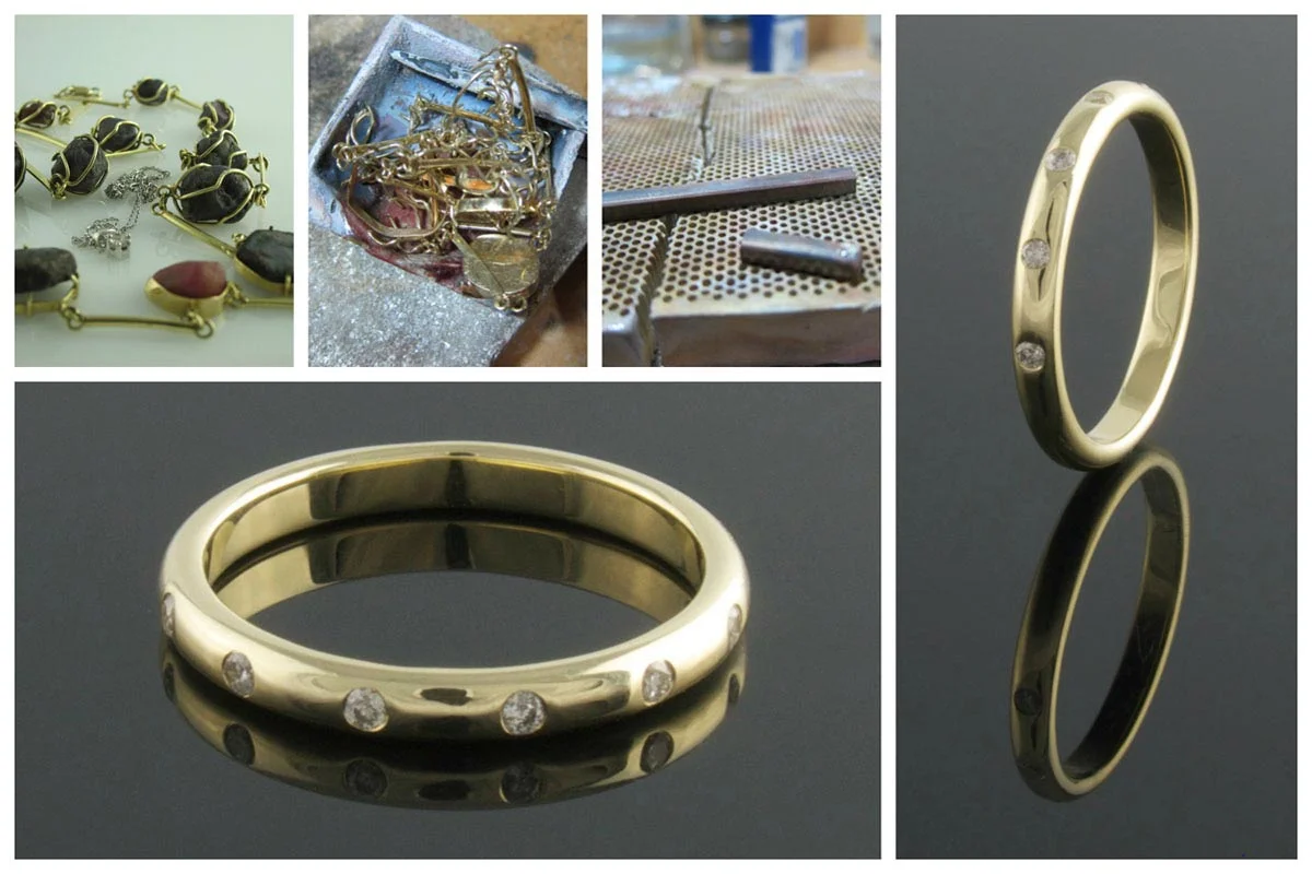 Recycled yellow gold band with punch set diamonds