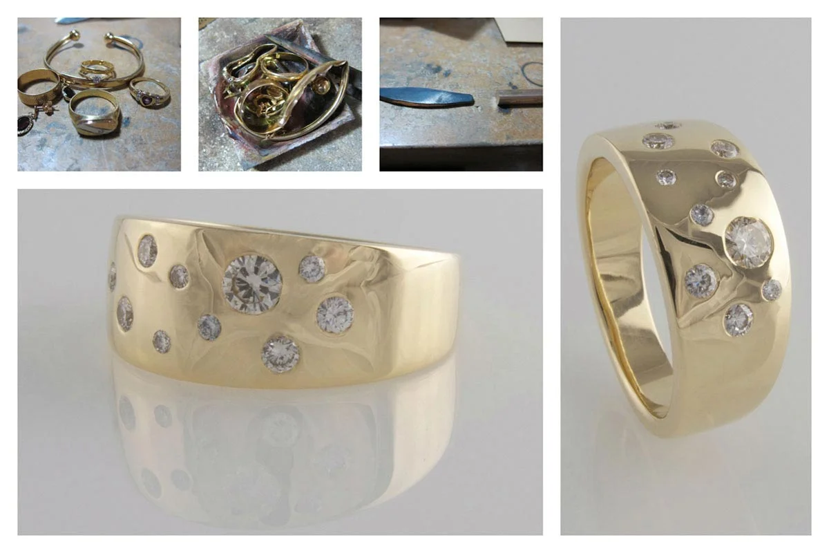 Recycle yellow gold band with punch set diamonds