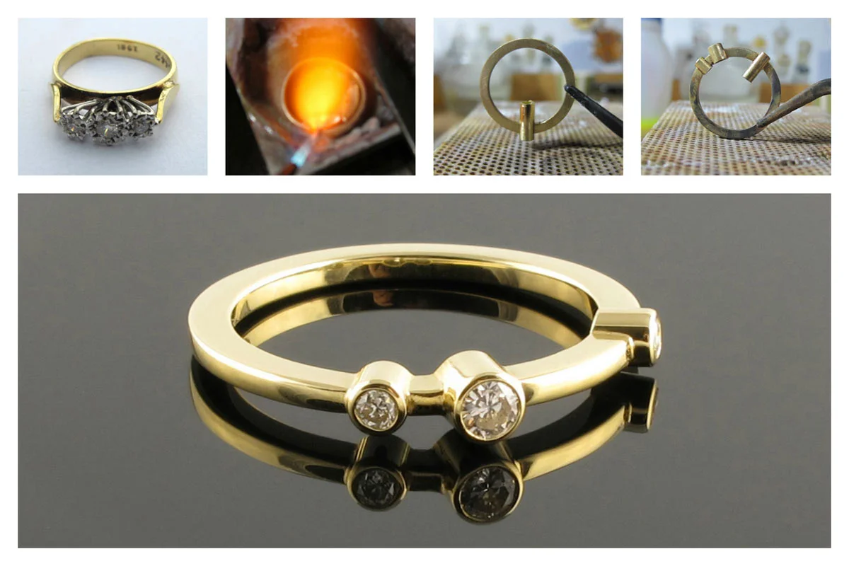 Recycled 18ct yellow gold three stone ring