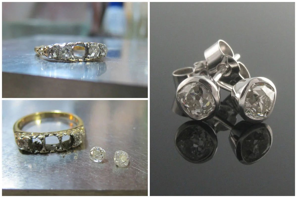 Remodelled white gold stud earrings