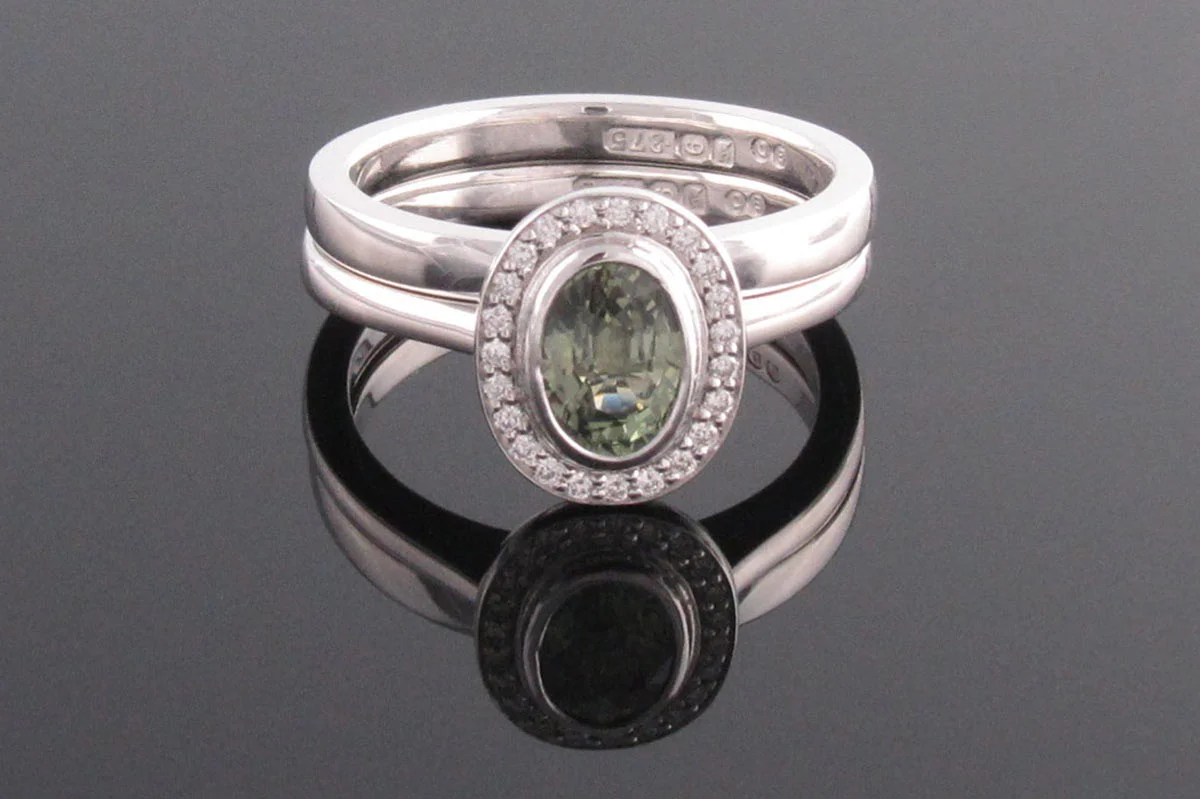 Green sapphire engagement and wedding ring set