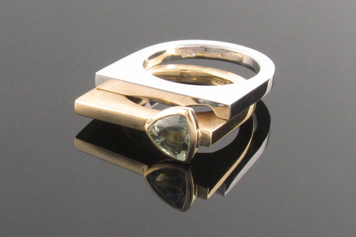 18ct yellow and white gold trillion sapphire engagement and wedding ring set