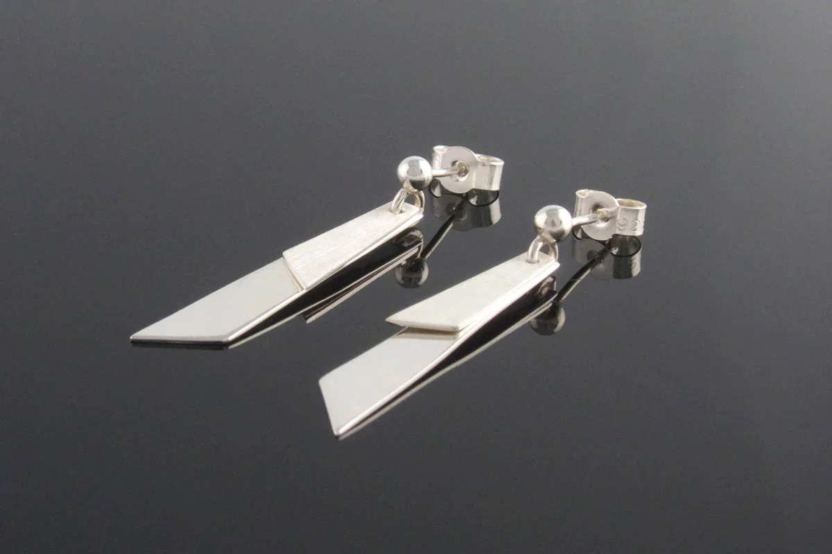 Angled panel drop silver earrings