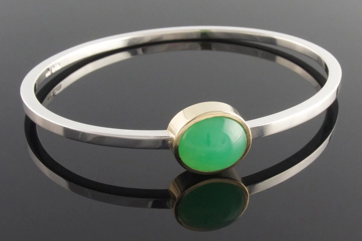 Asymmetrical bezel set chrysoprase bangle